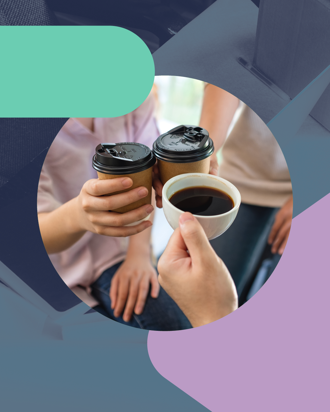 People sharing coffee, in discussion about a recent manual handling plan.