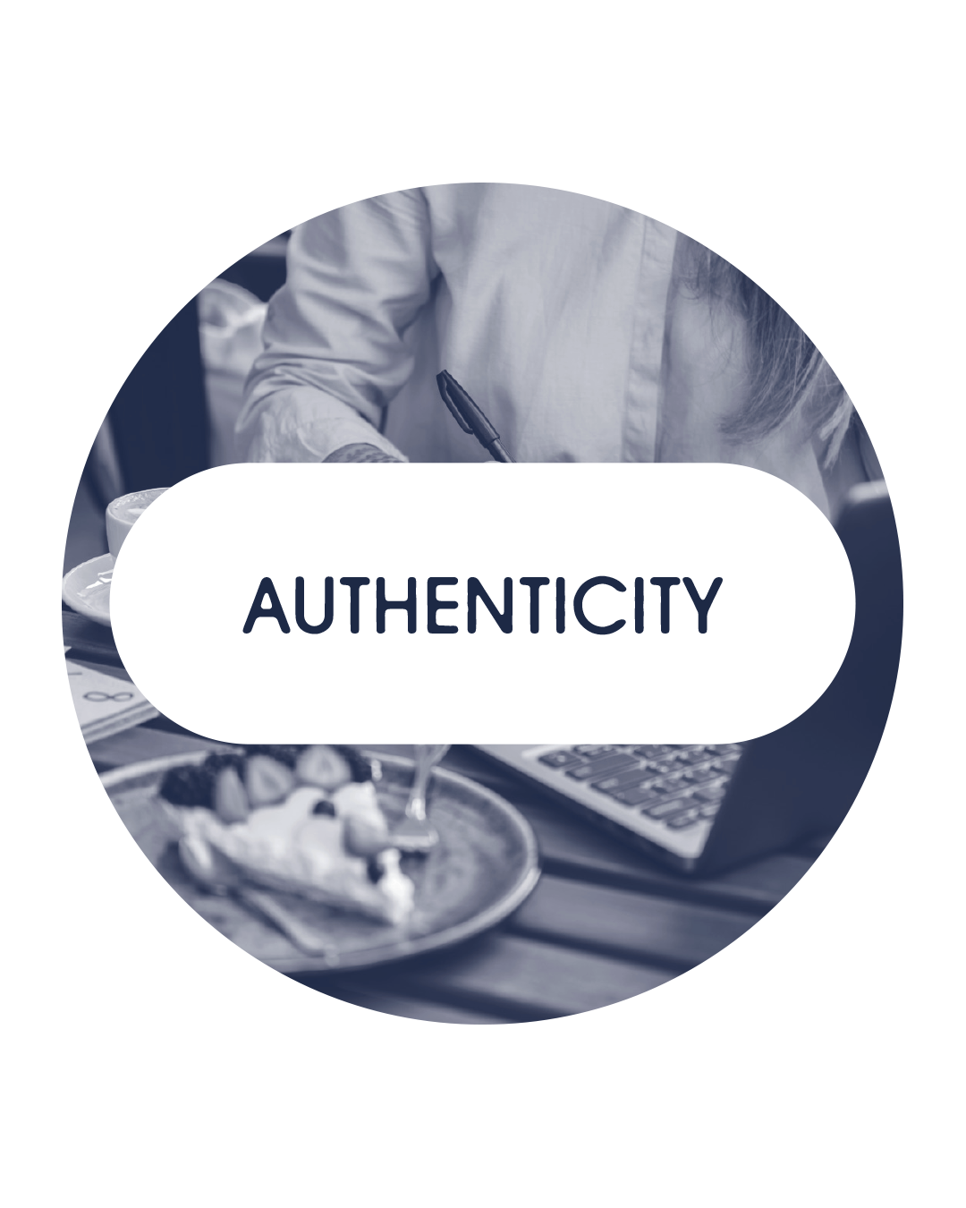 A person in a white shirt writing with a pen at a desk with a plate of food, a laptop, and papers, overlaid with the word 'Authenticity' in bold letters.