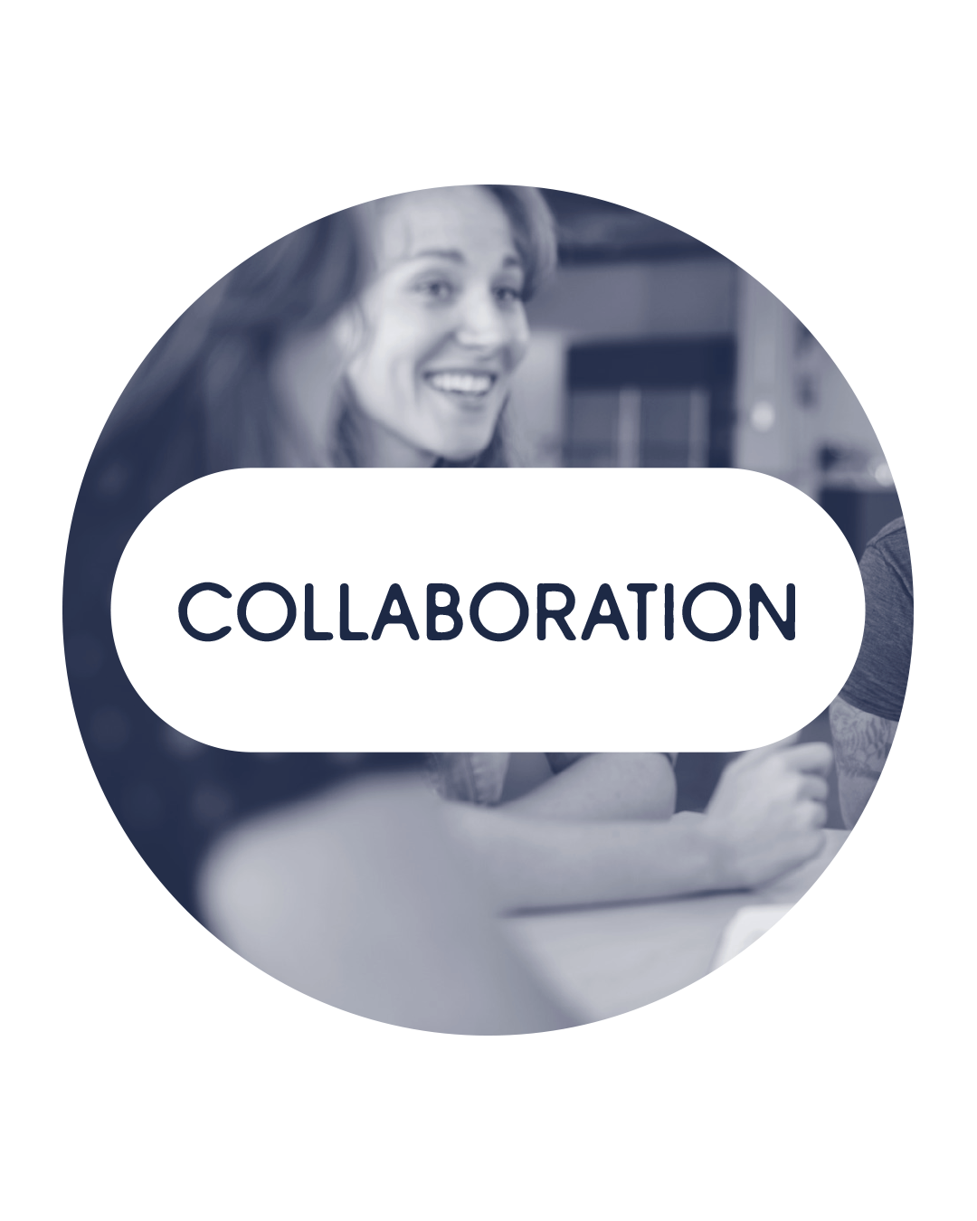 Black and white photo of a smiling woman with the word 'COLLABORATION' in the foreground.