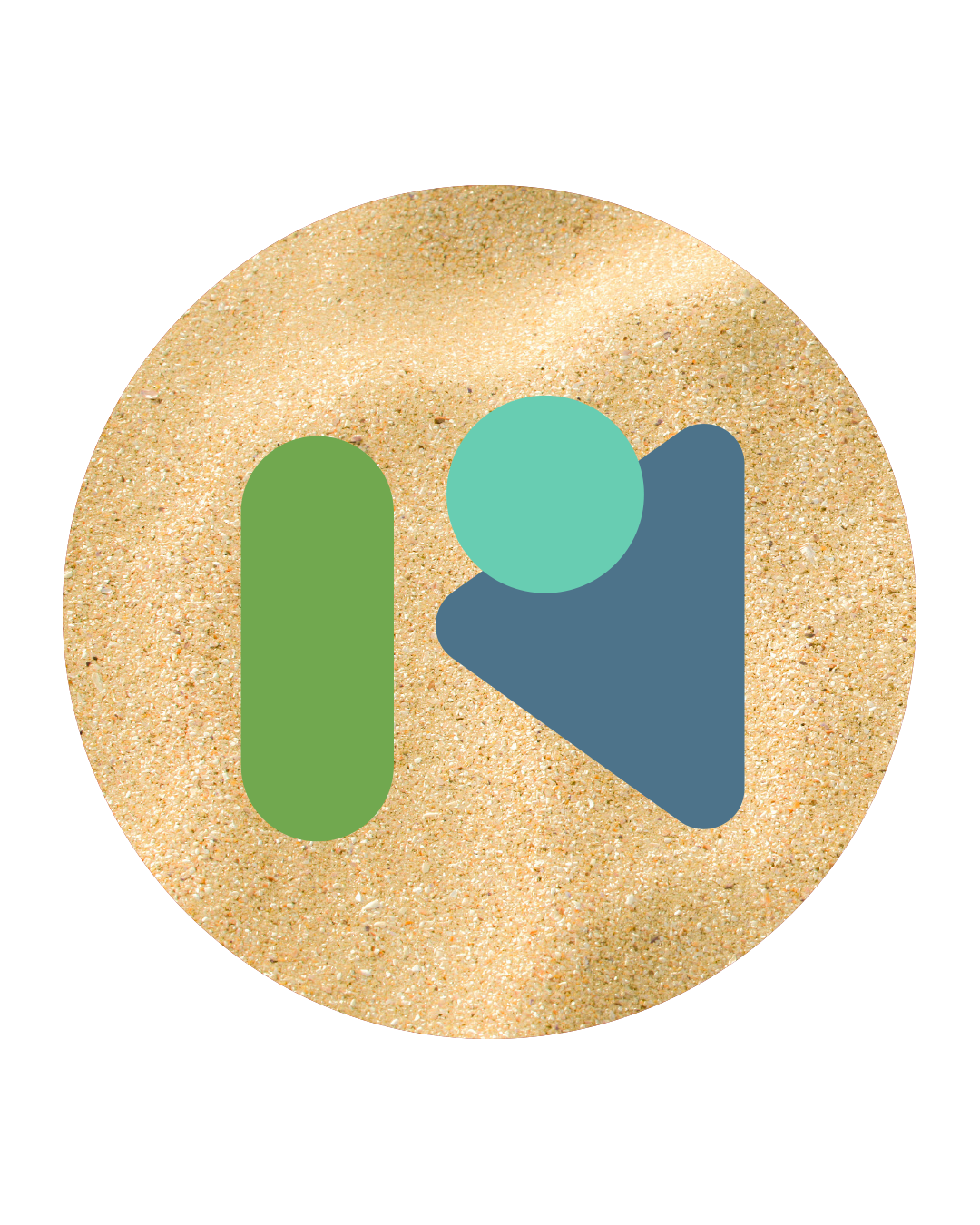 A circular icon with a sandy beach texture background, featuring a green vertical oval, a turquoise circle, and a dark blue triangle with rounded corners, arranged to resemble a stylized play button.
