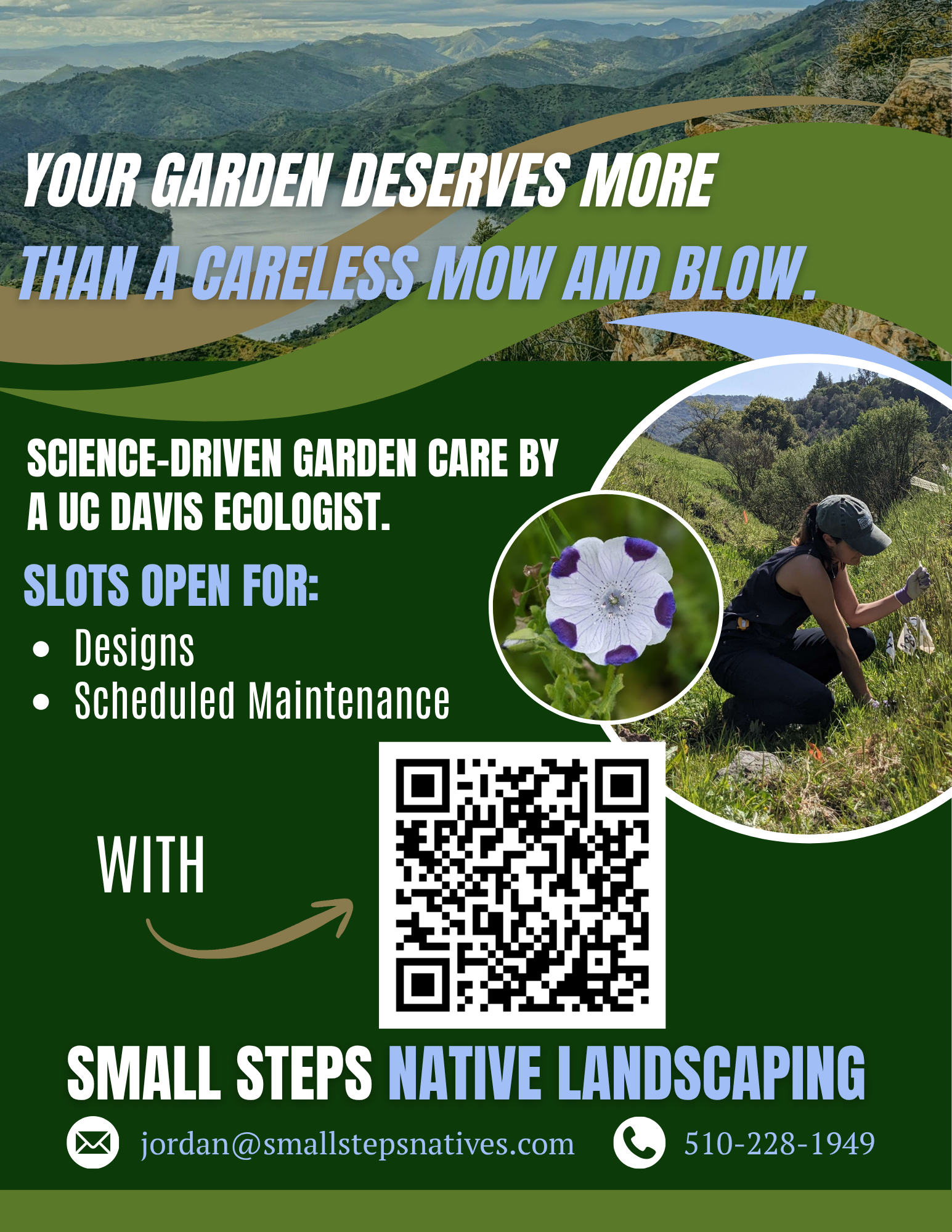 A promotional flyer advertising native landscaping services by Small Steps Natives, featuring scenic mountain landscape background, several smaller images of gardens and a person working on land, and a QR code for more information.
