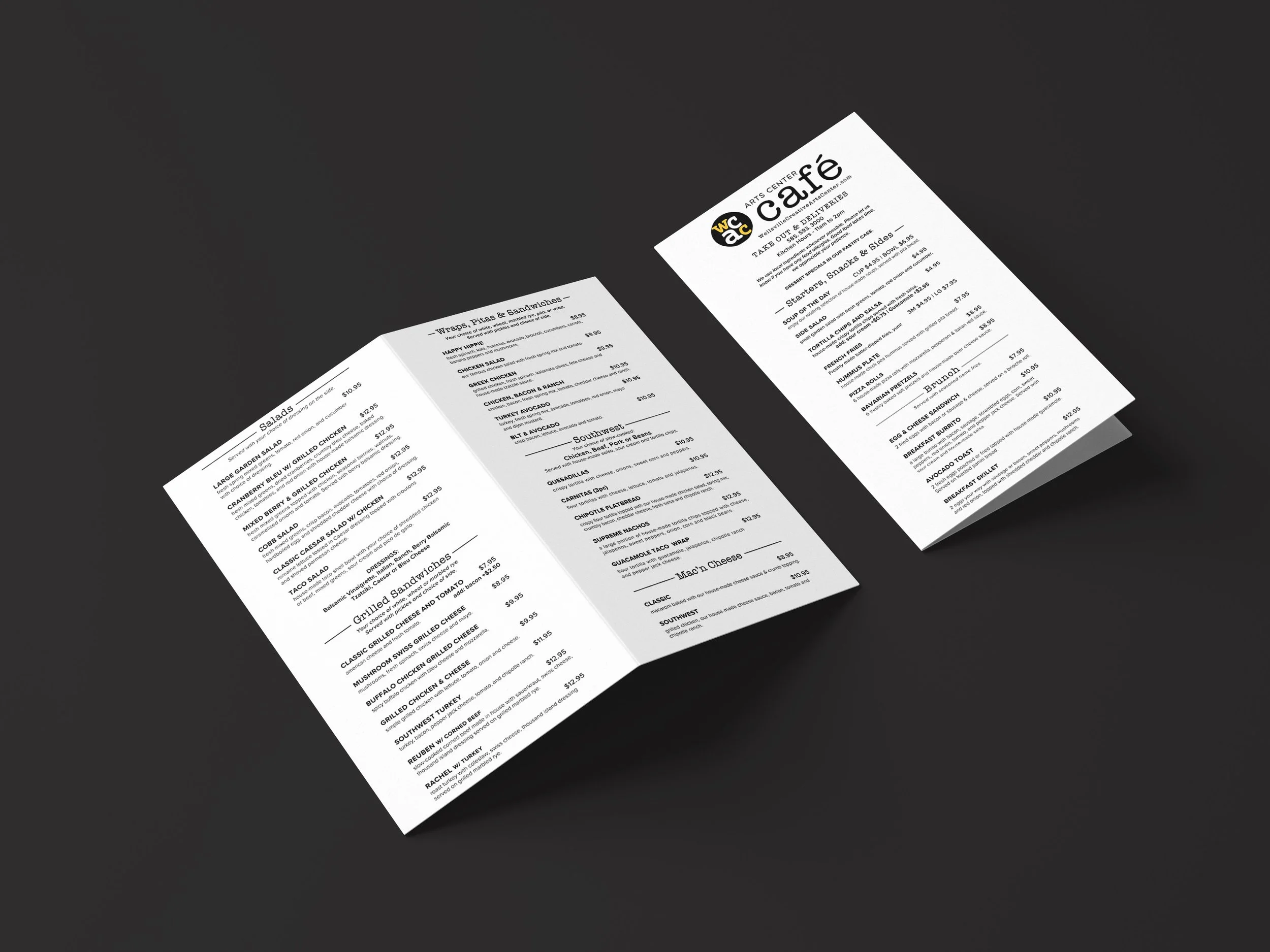 Café Menu design for Wellsville Creative Arts Center. Simple design intended for in-house printing on black and white printer.