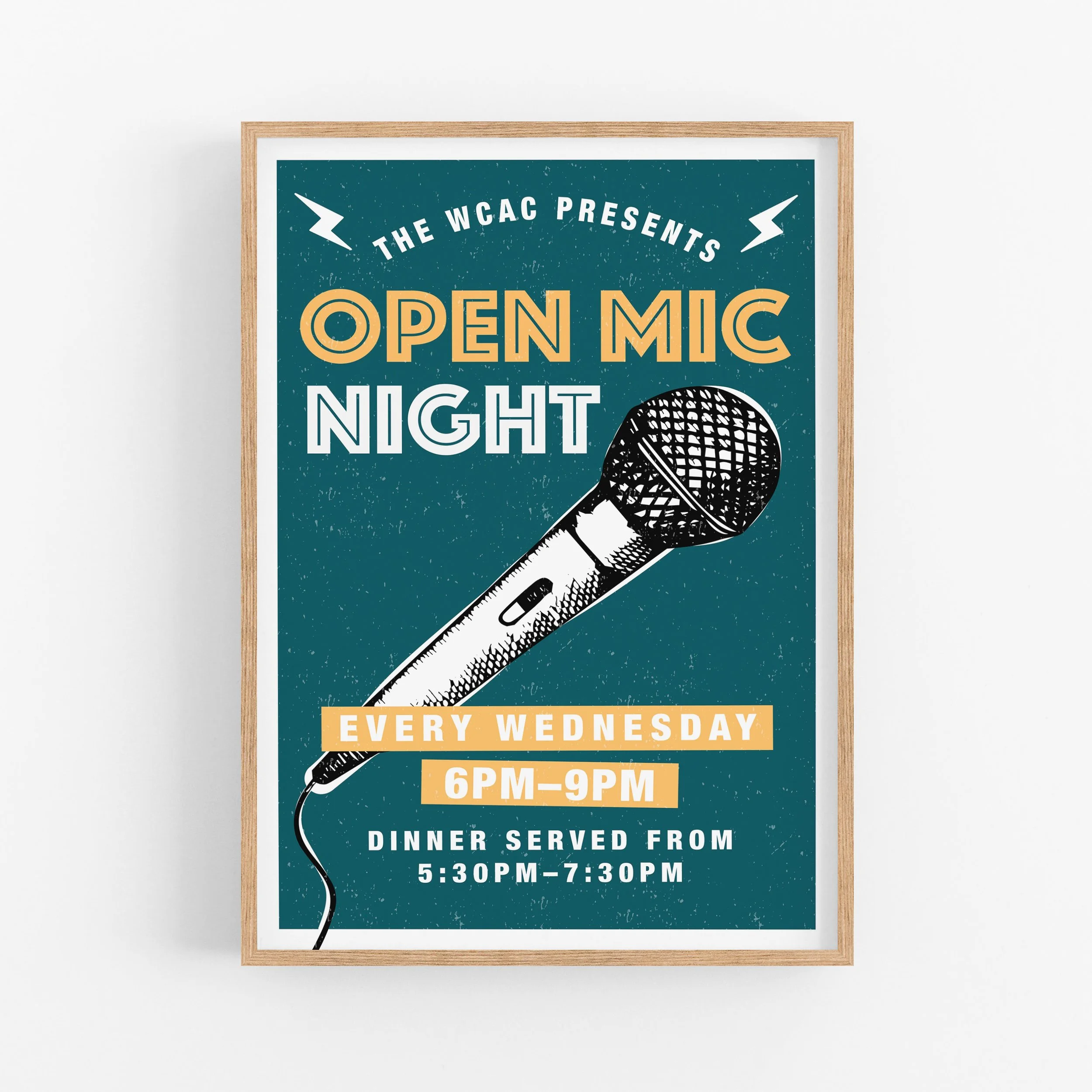 Open Mic event poster design for Wellsville Creative Arts Center.