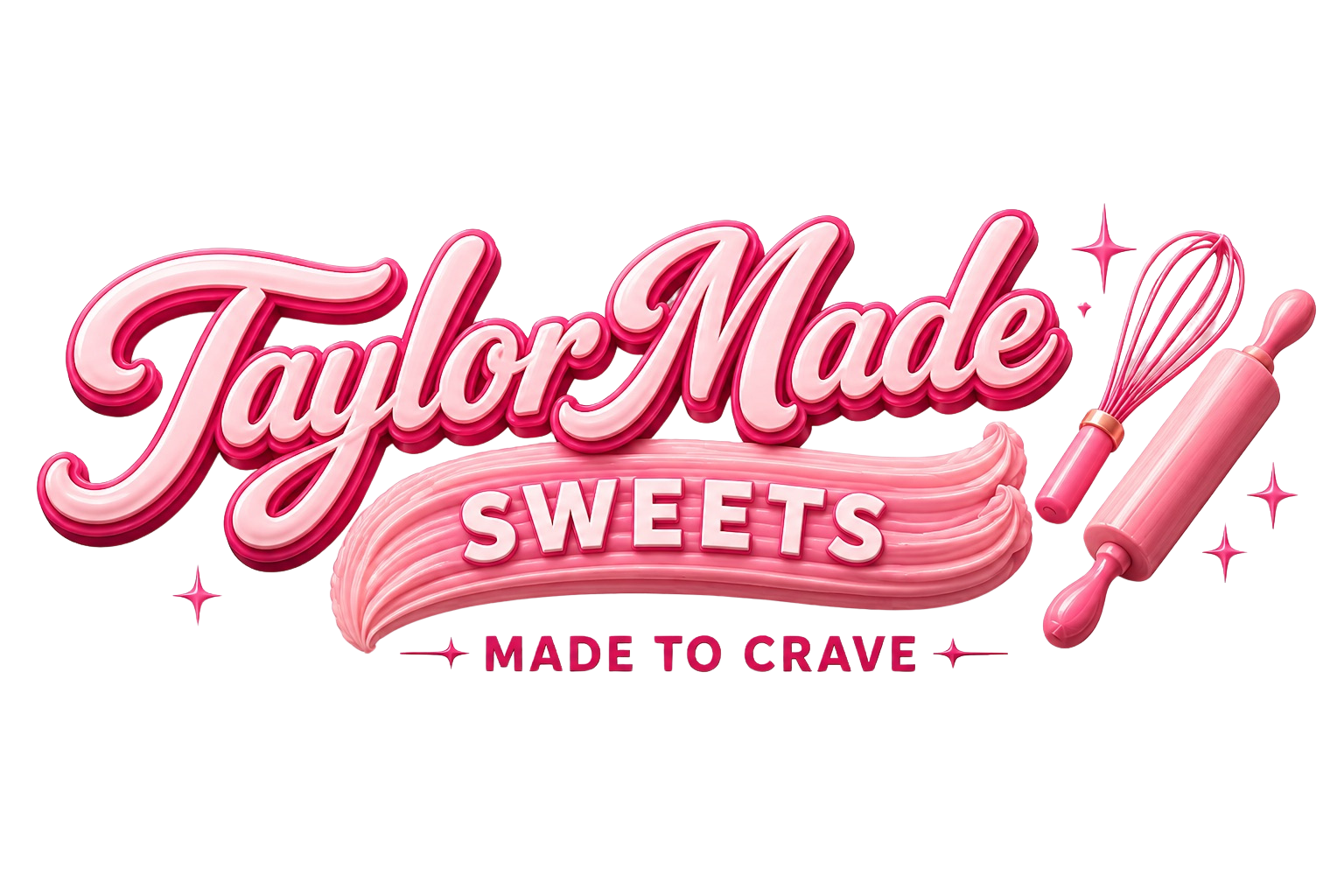 Pink and red bakery logo for TaylorMade Sweets with a whisk and rolling pin, the text 'Made to Crave' beneath.