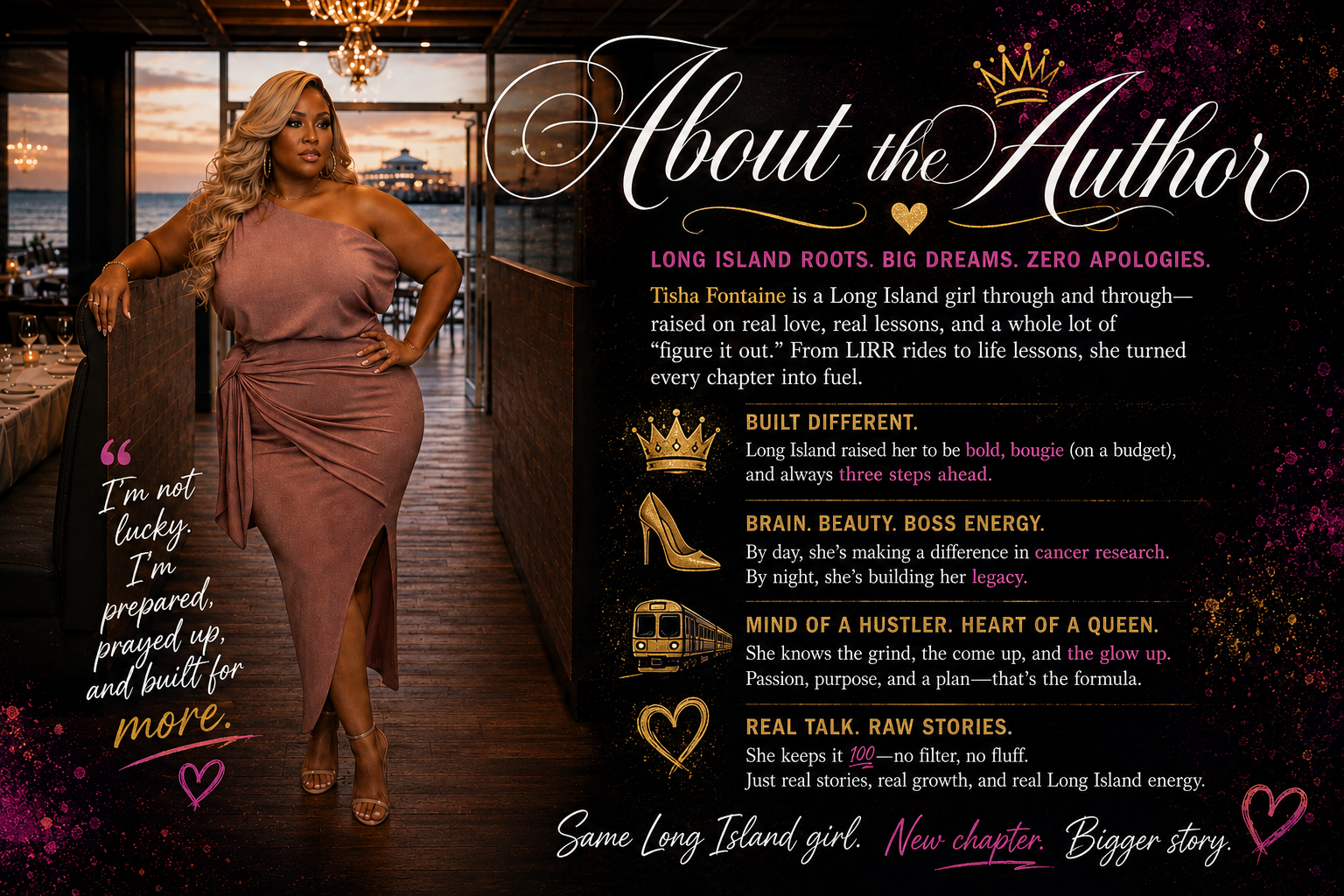 A promotional graphic featuring Tisha Fontaine, a confident woman in a rose-colored dress, standing in a restaurant or event space overlooking water at sunset. The graphic includes text about her background, achievements, and personality traits, with decorative gold icons such as a crown, high heel, train, and hearts, and colorful accents in pink and gold.