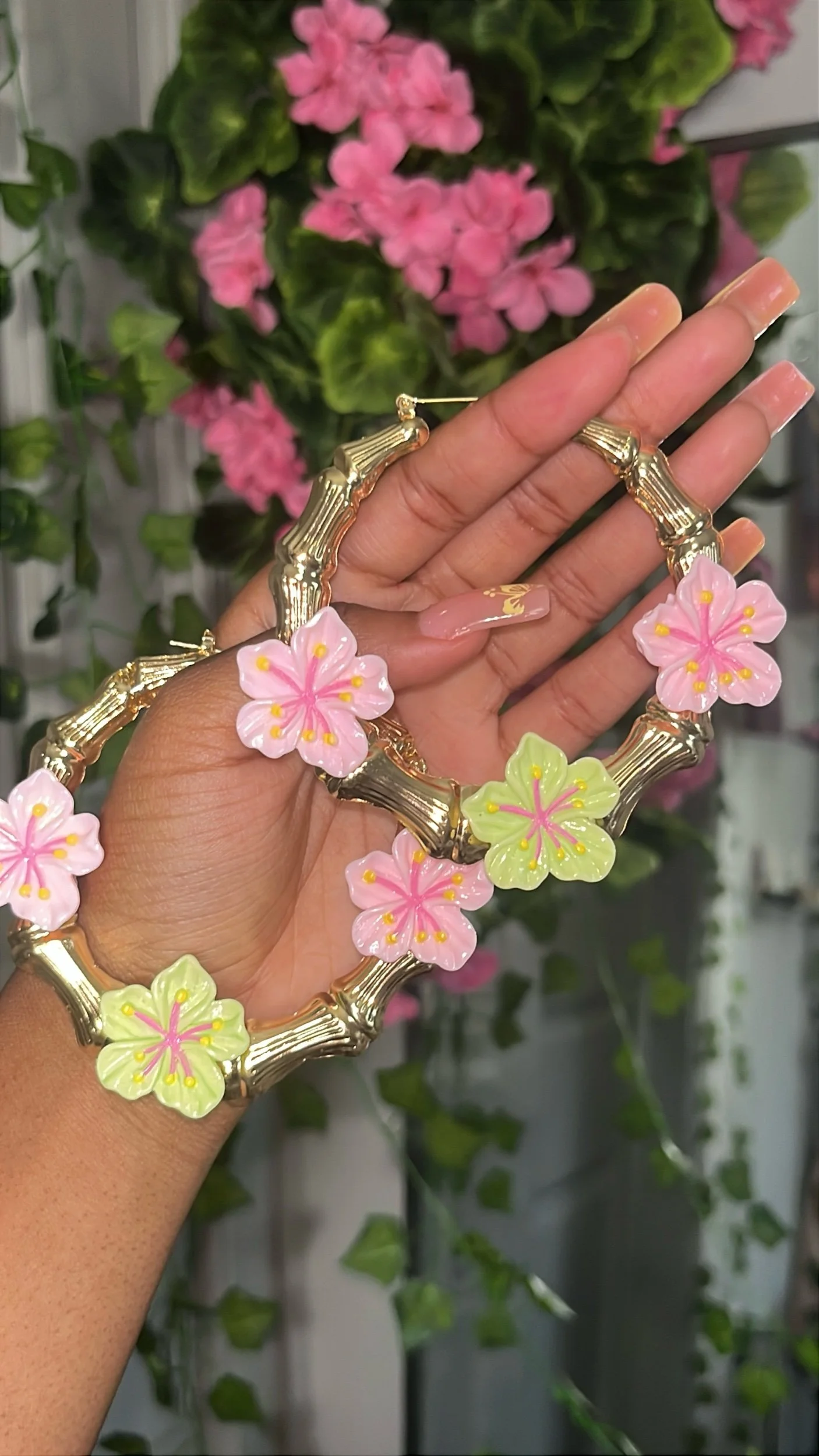 Hibiscus Gold Hoop Earrings (Green & Pink)