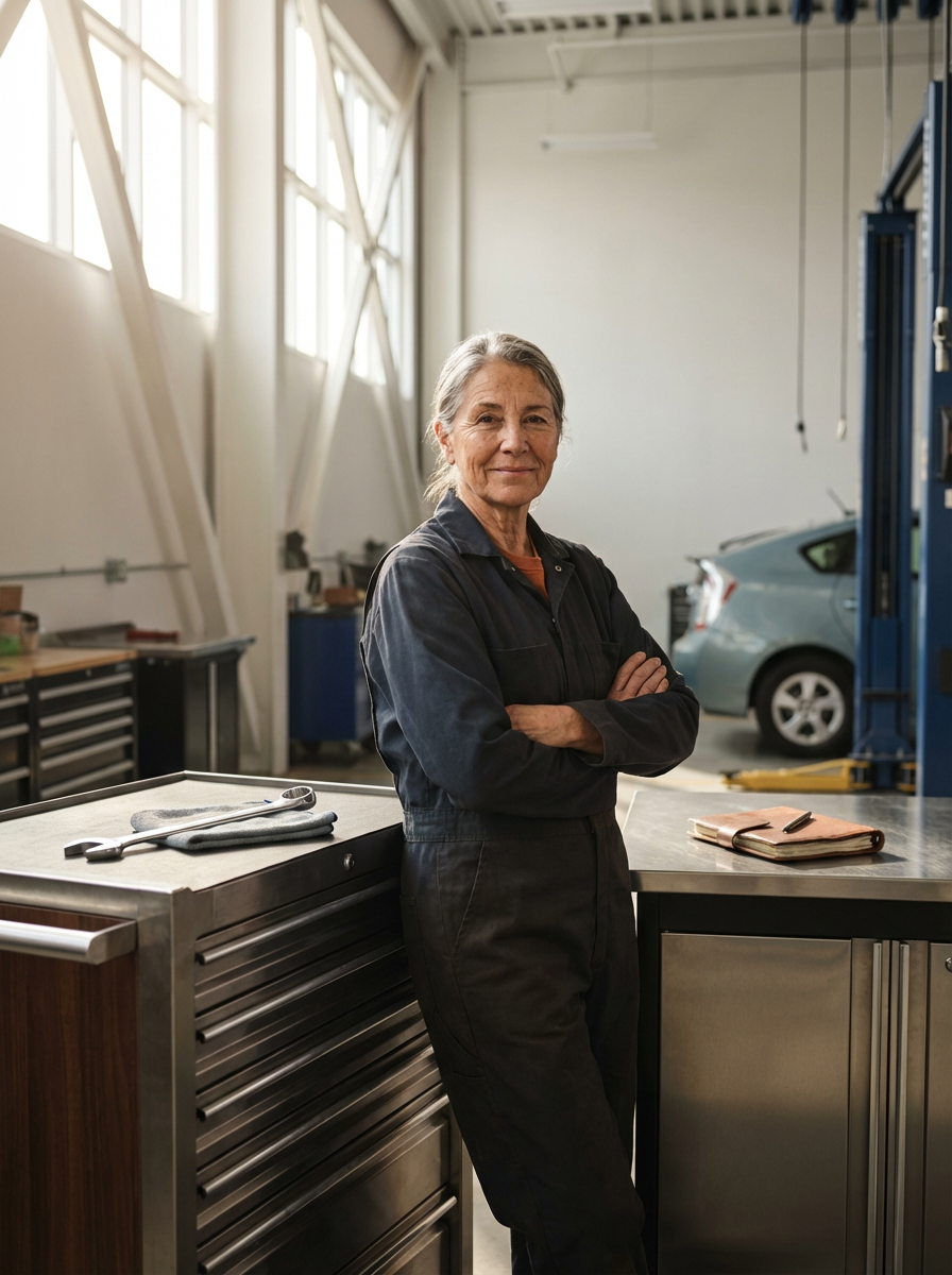 An older woman with gray hair tied back, wearing a dark mechanic's jumpsuit, standing with her arms crossed inside an automotive repair shop. There is a workbench with tools, a notebook, and a pen nearby, and a car lifted in the background.