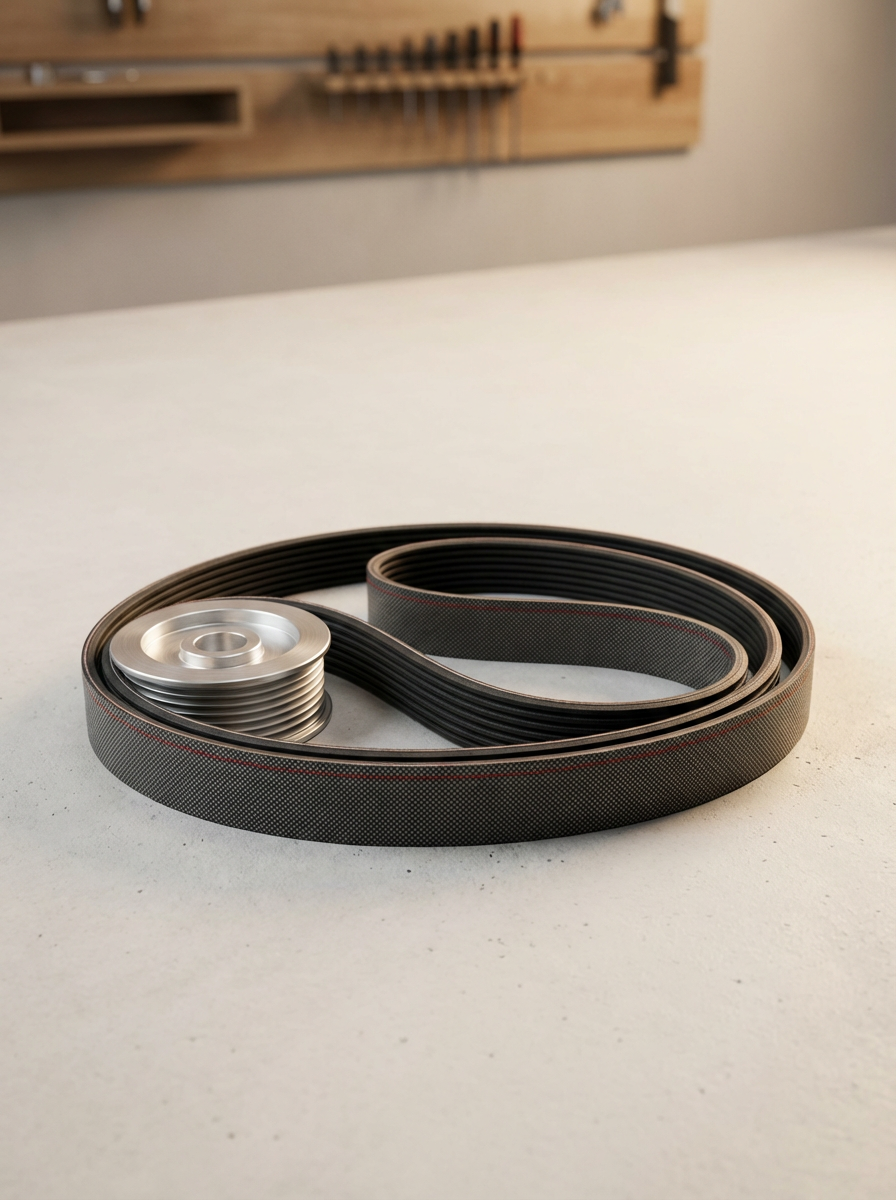 A black rubber serpentine belt coiled on a light-colored surface with a metal pulley attached, set against a blurred wooden tool board in the background.