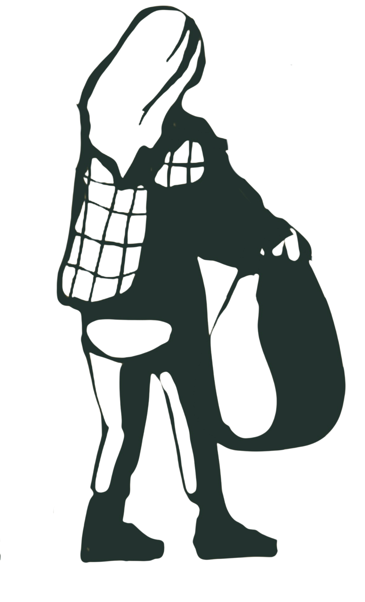A silhouette of a person wearing a plaid shirt carrying a trash bag bag, facing left.