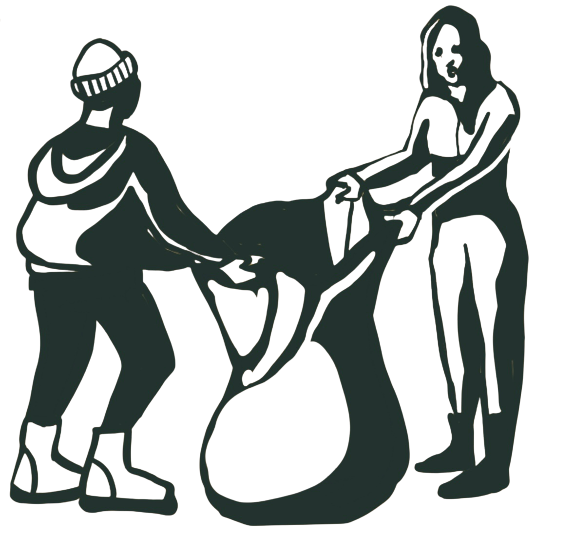 A drawing of two people lifting a trash bag together.