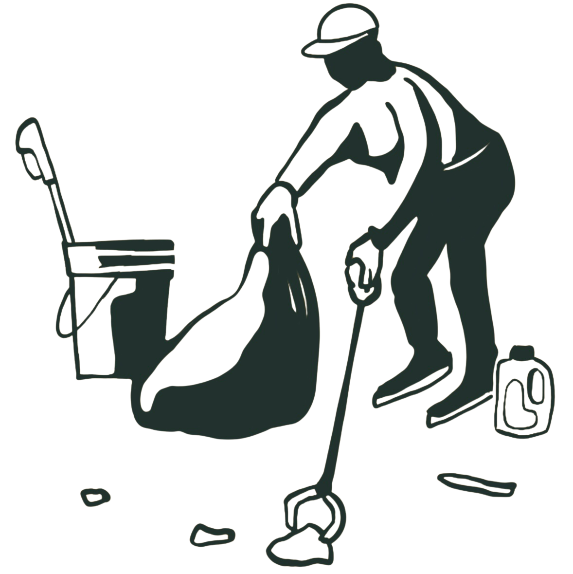 A person picking up litter with a trash grabber, next to a bucket and cleaning supplies.
