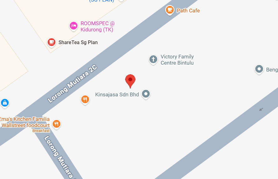A digital map showing streets named Lorong Mutiara 2C and Lorong Mutiara with various businesses and landmarks around them, including a cafe, foodcourt, and family center.