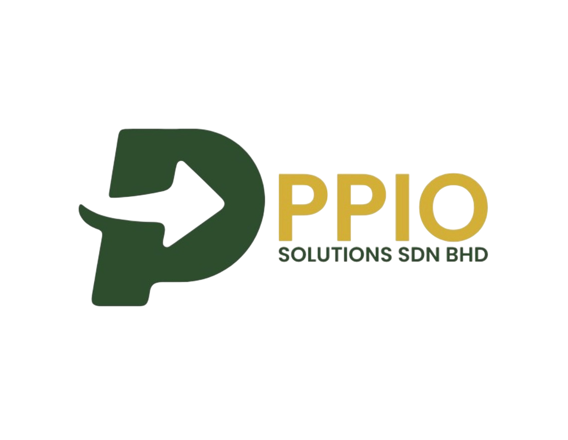 Logo for PPI Solutions SDN BHD, featuring a green circular arrow with a right-pointing arrow inside and the company name in green and gold.
