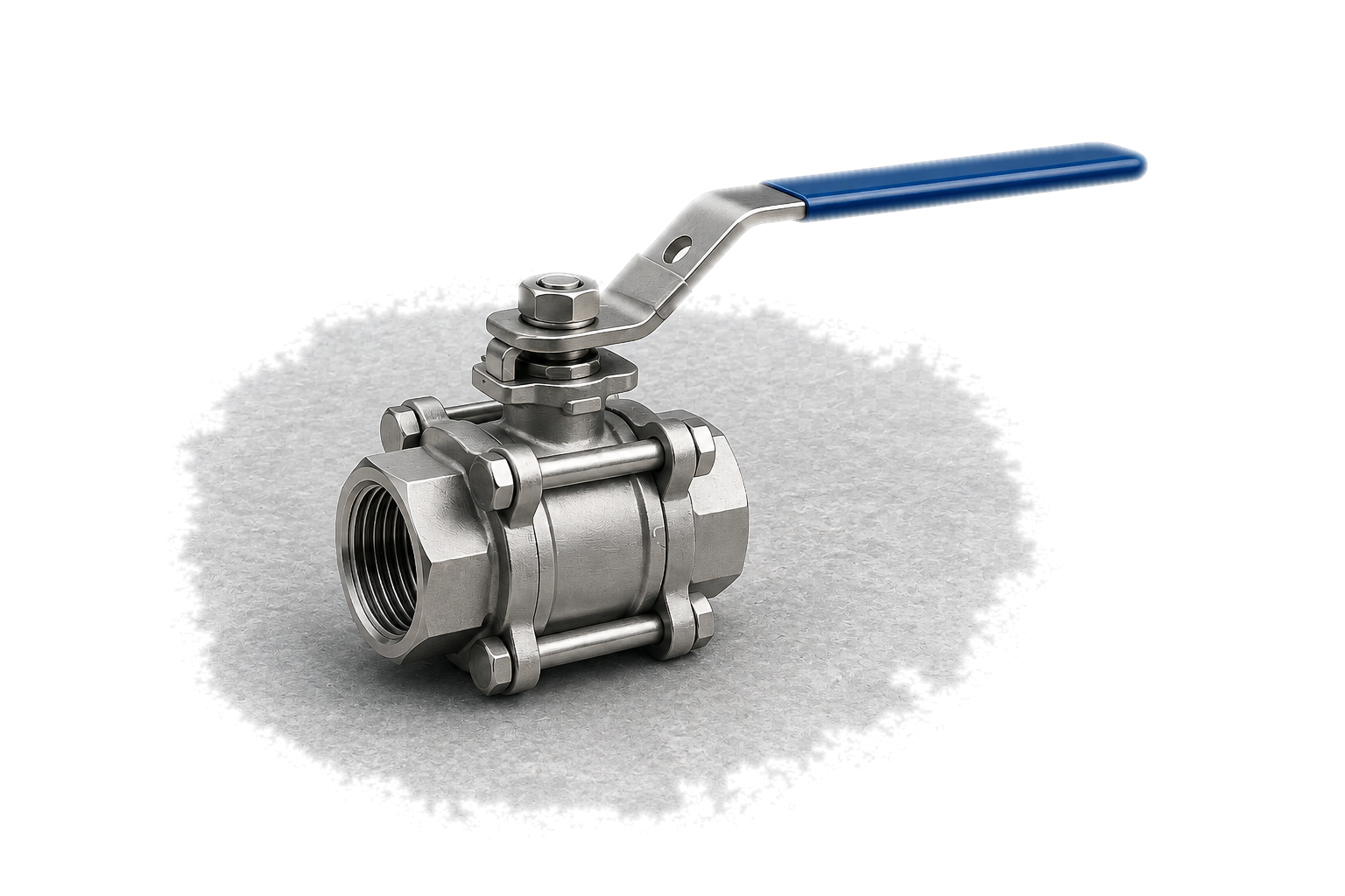 A stainless steel ball valve with a blue handle, placed on a light gray surface.
