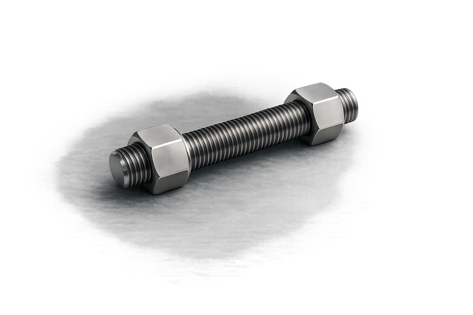 A metal bolt with threaded ends and a hexagonal middle section, lying on a flat surface.