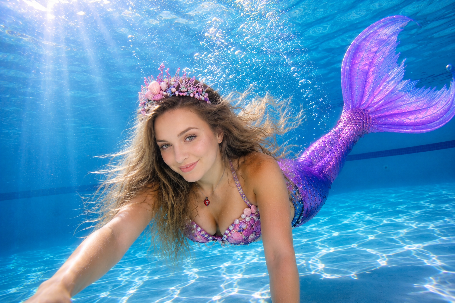 A woman dressed as a mermaid swimming underwater, wearing a purple tail and seashells, with a seashell crown, smiling and taking a selfie.