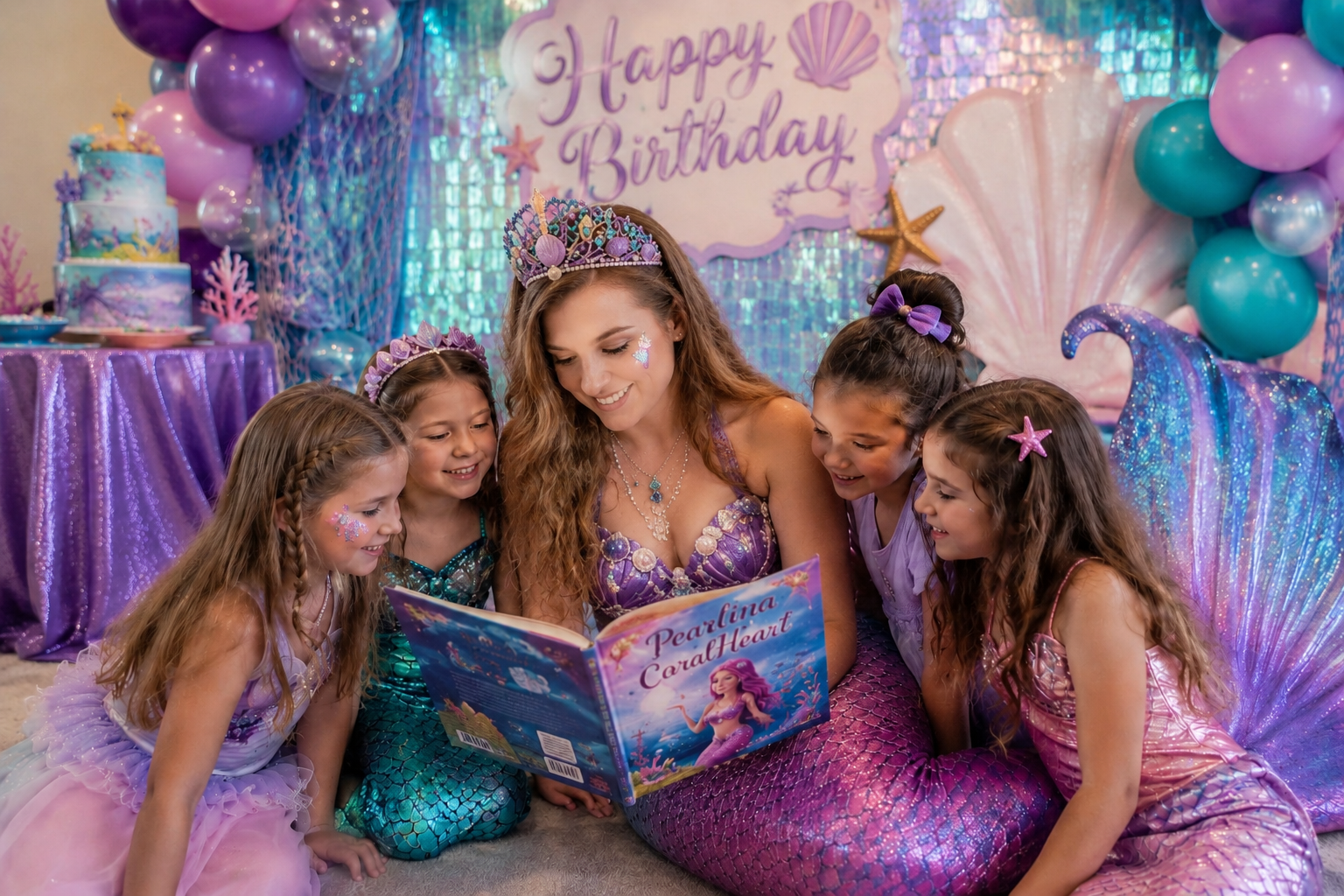 A woman dressed as a princess reading a book called "Pearlina CaralHeart" to five young girls in mermaid costumes, at a birthday party with a purple and ocean-themed decorations, including balloons, a cake, and a