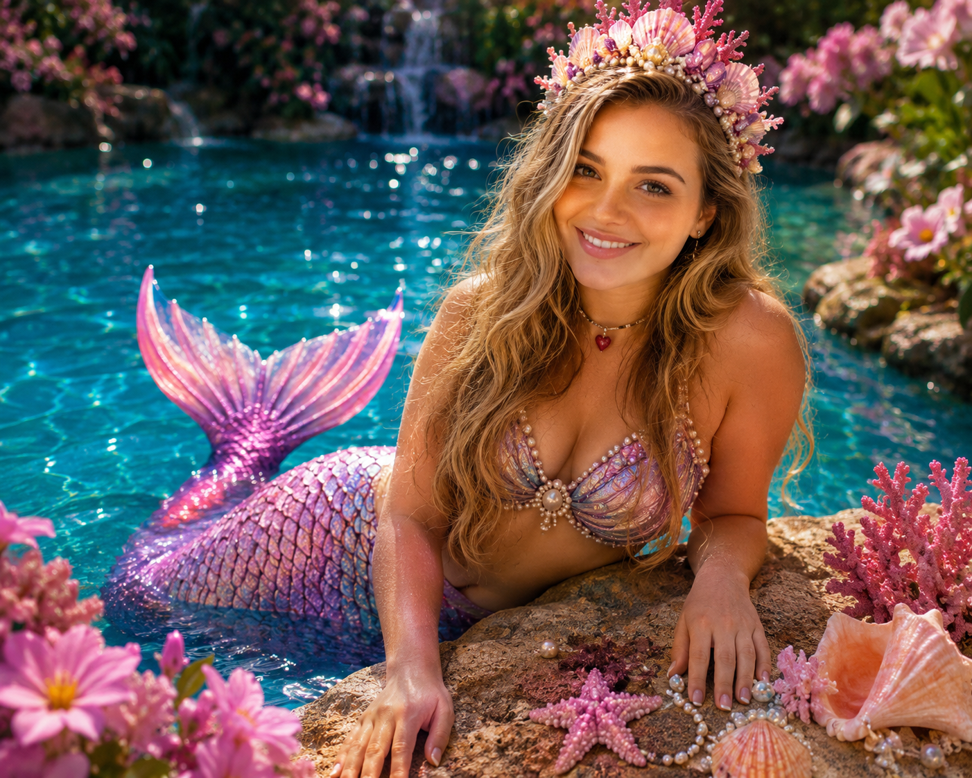 A woman dressed as a mermaid, wearing a shell and pearl top and a seashell crown, leaning on a rock surrounded by pink coral and seashells by a pool with a waterfall in the background.