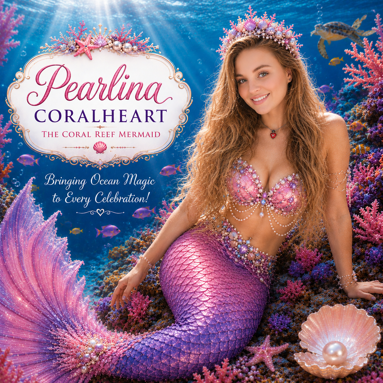 A mermaid with long, wavy hair and a pink and purple scaled tail, sitting on coral and surrounded by colorful underwater scenery, with a crown made of seashells, pearls, and starfish.