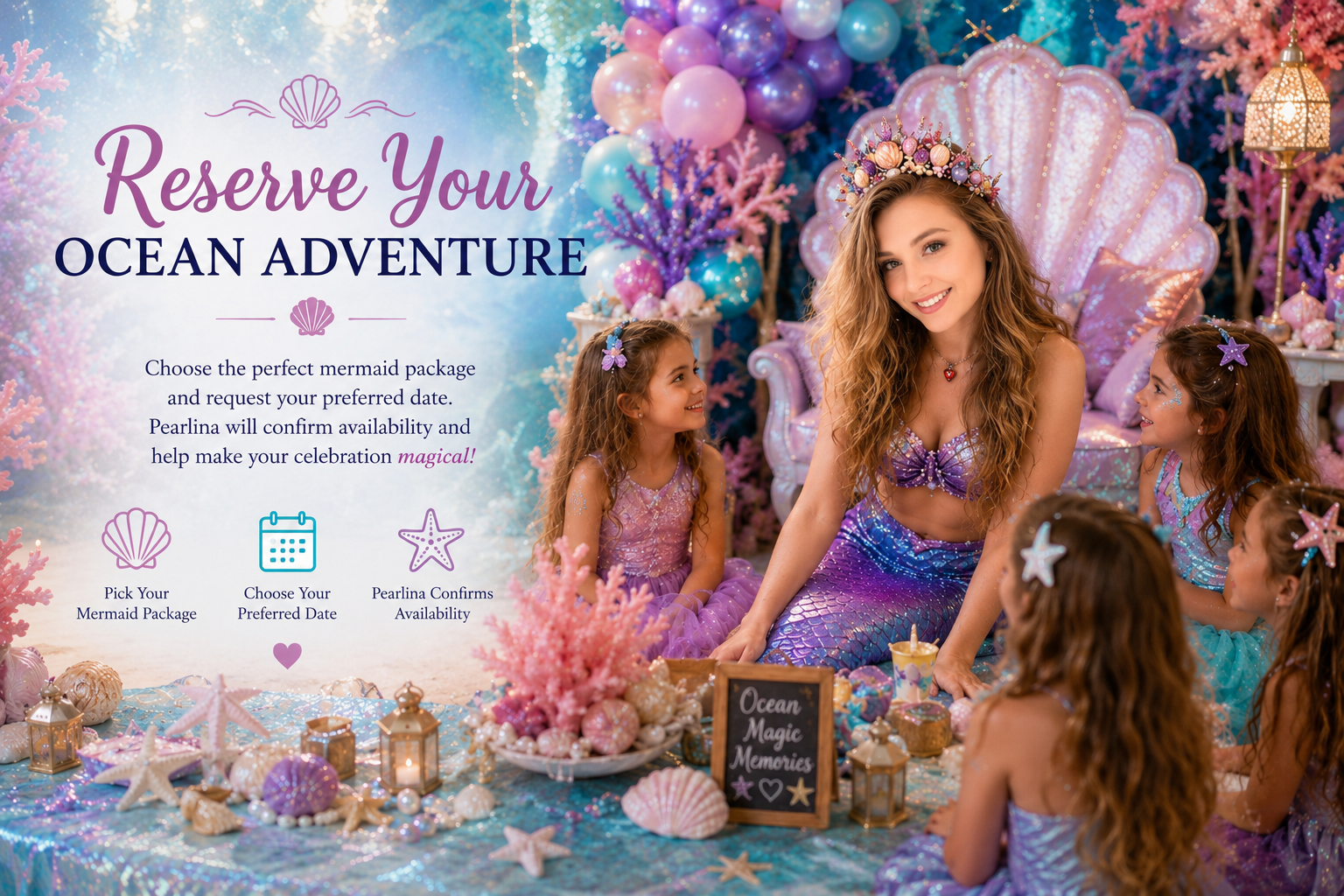 A mermaid-themed promotional image showing a mermaid and young girls in mermaid costumes, decorated with pink and purple coral, seashells, and ocean-themed decorations. The text invites viewers to reserve an ocean adventure package by choosing a mermaid package, preferred date, and confirming availability.