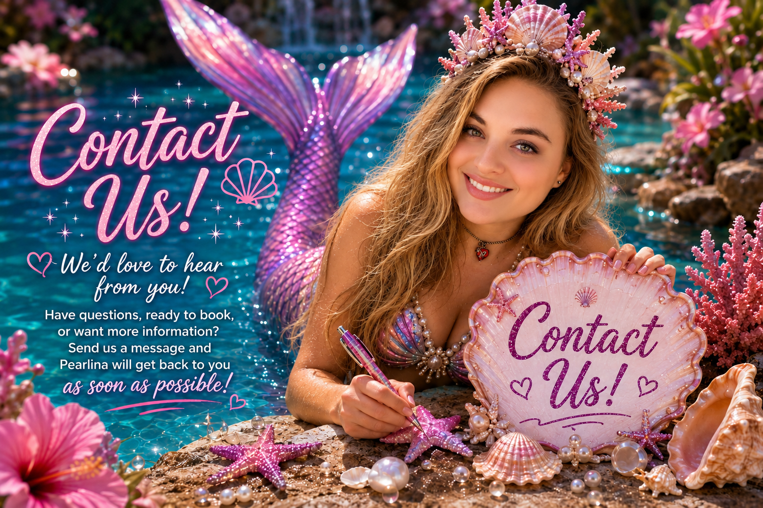 A smiling young woman with long, wavy blonde hair, dressed as a mermaid, wearing a seashell and pearl crown, laying on rocks beside a pool with pink flowers and coral. She holds a pink shell sign with the text "Contact Us!" and has a pen in her hand. The image includes pink and purple decorative elements and contact information overlay.