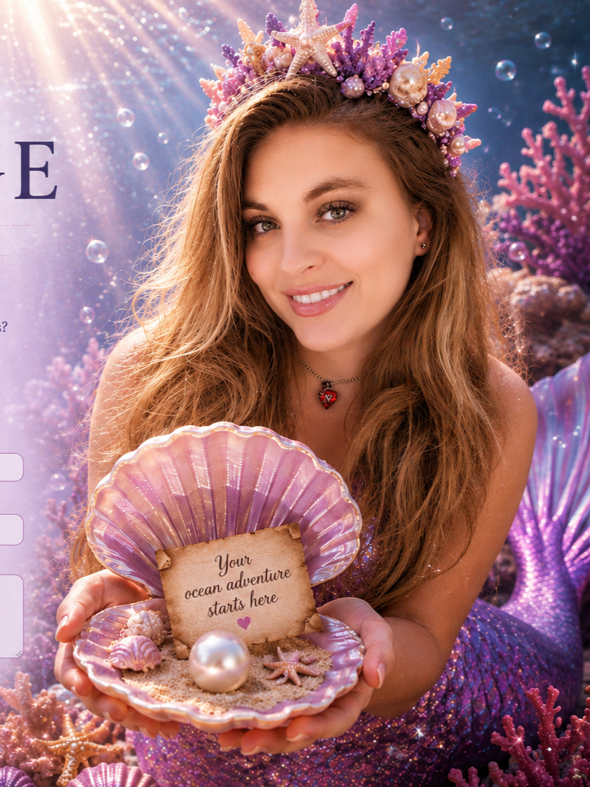 A woman dressed as a mermaid with a shell-shaped tray, holding a note that reads 'Your ocean adventure starts here,' surrounded by pink and purple coral and seashells.