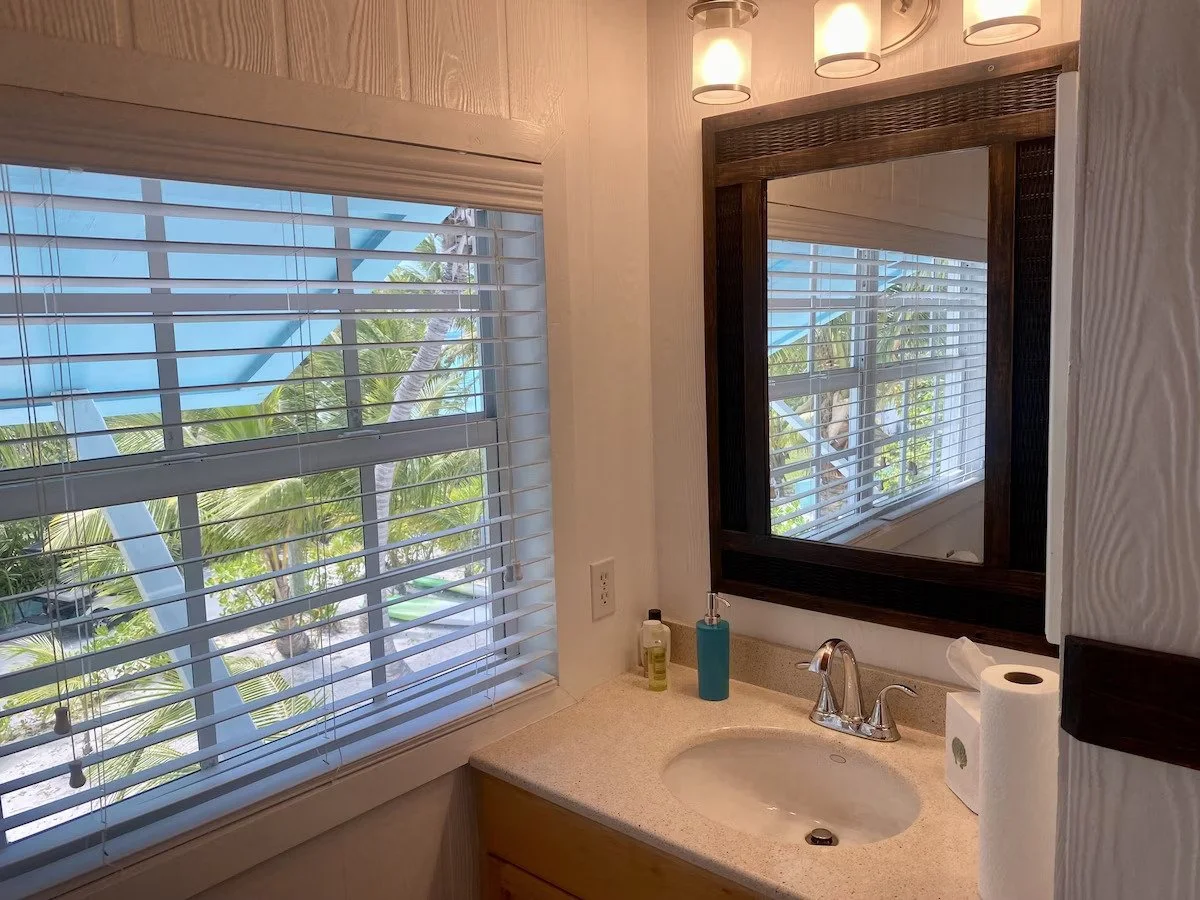 Bathroom sink area with a mirror, soap dispenser, and toiletries, overlooking a window with palm trees outside.