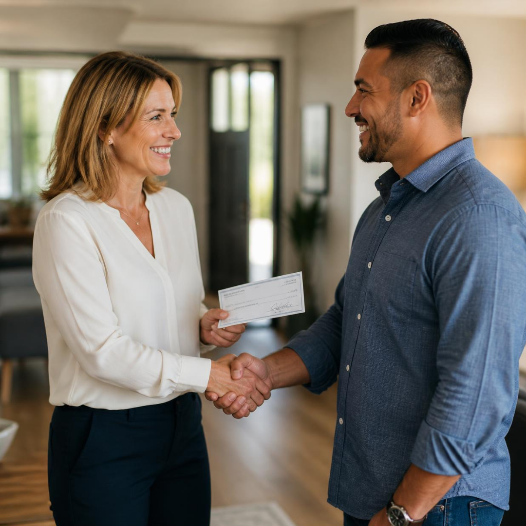 A woman gives a man a check while shaking hands in a bright, modern home interior.