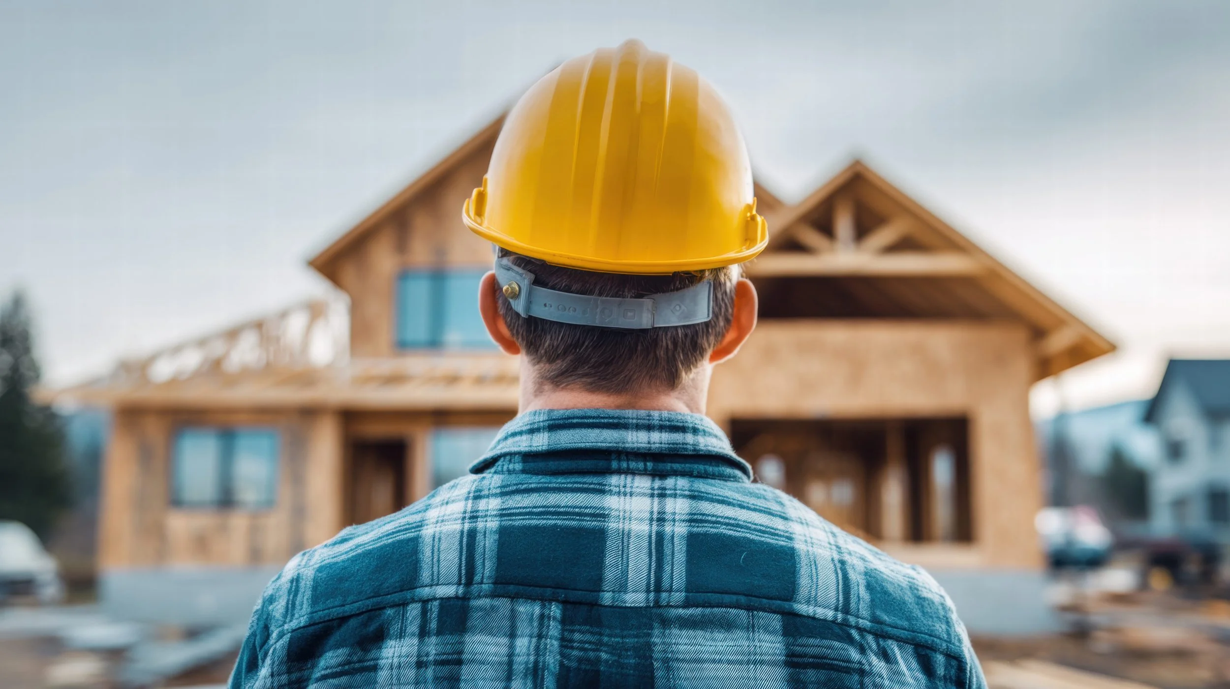 Back of a man wearing a yellow construction helmet and a plaid shirt, looking at a house under construction.