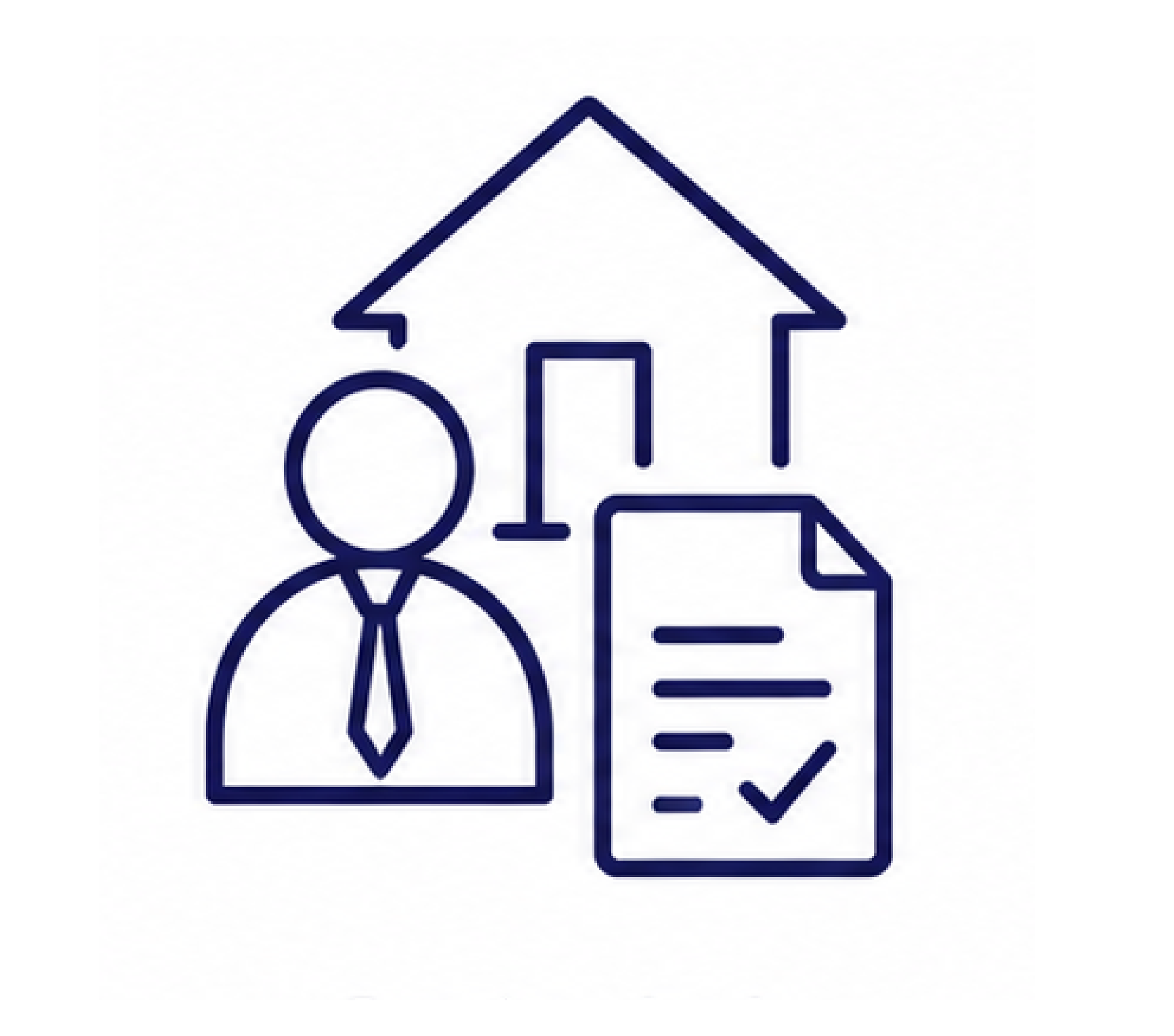 A line drawing of a house with a roof, windows, and a door, accompanied by a large arrow pointing upward, a check mark, a person icon, and a square document or board.