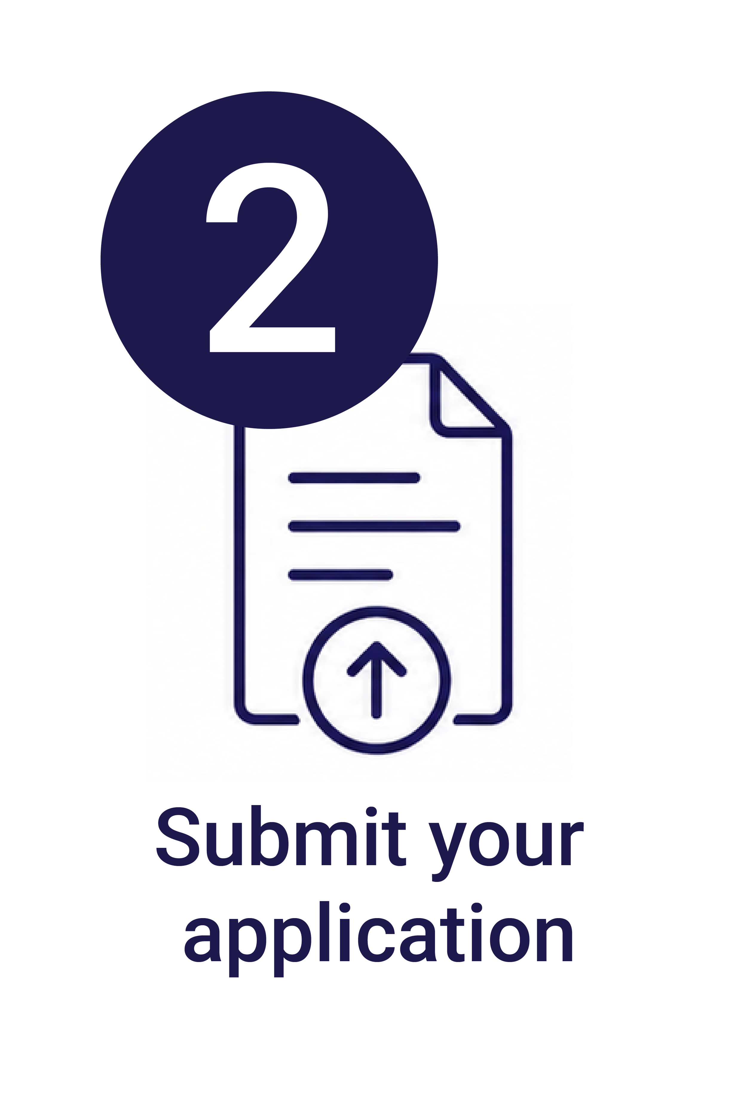 Graphic with upward arrow and submit button, overlaid with a large navy blue circle containing the number 2. Text reads "Submit your application."
