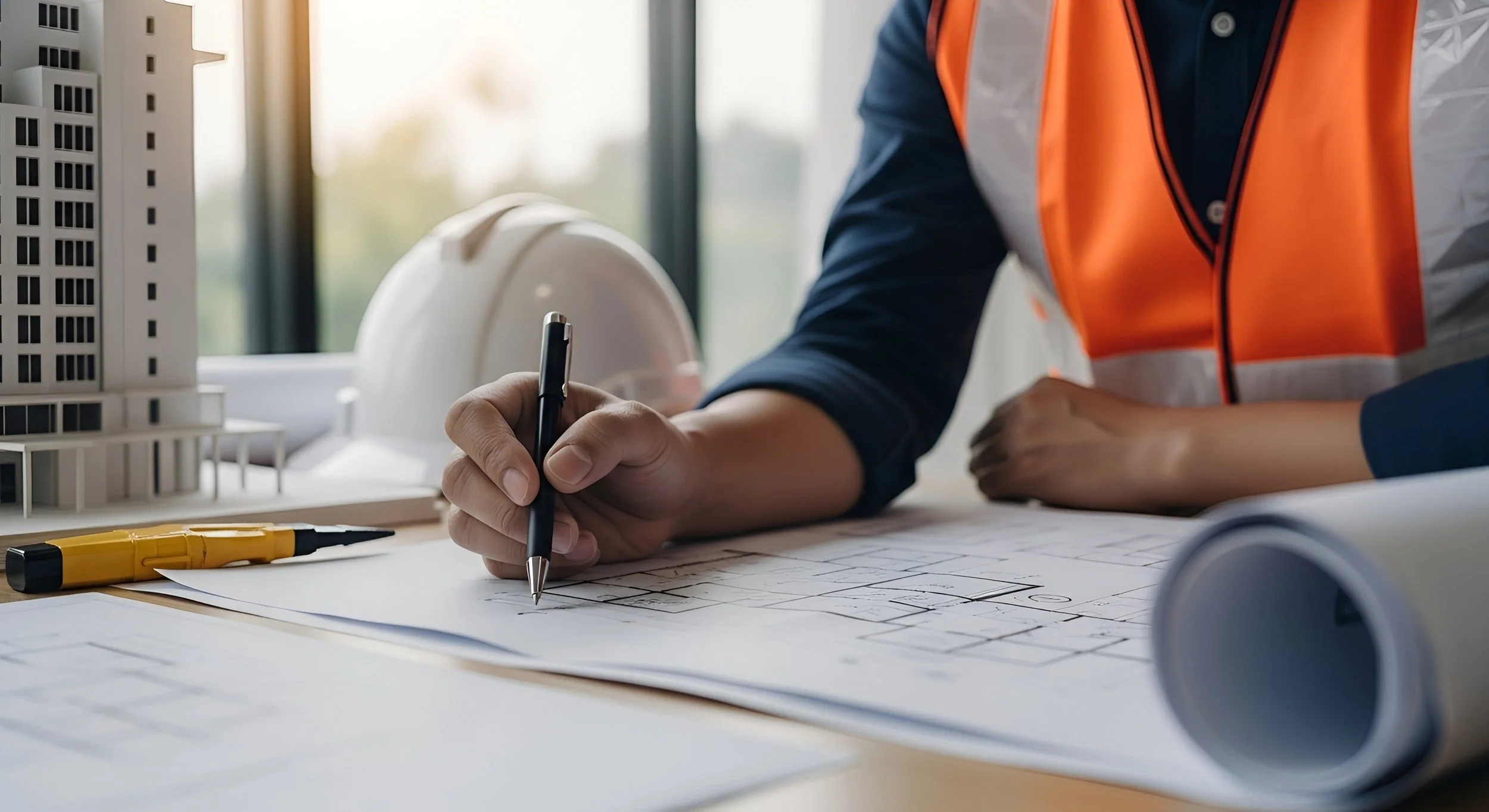 An architect or engineer in a blue shirt and orange safety vest is drawing on blueprints at a desk, with a miniature model of a tall building and a yellow marker nearby.