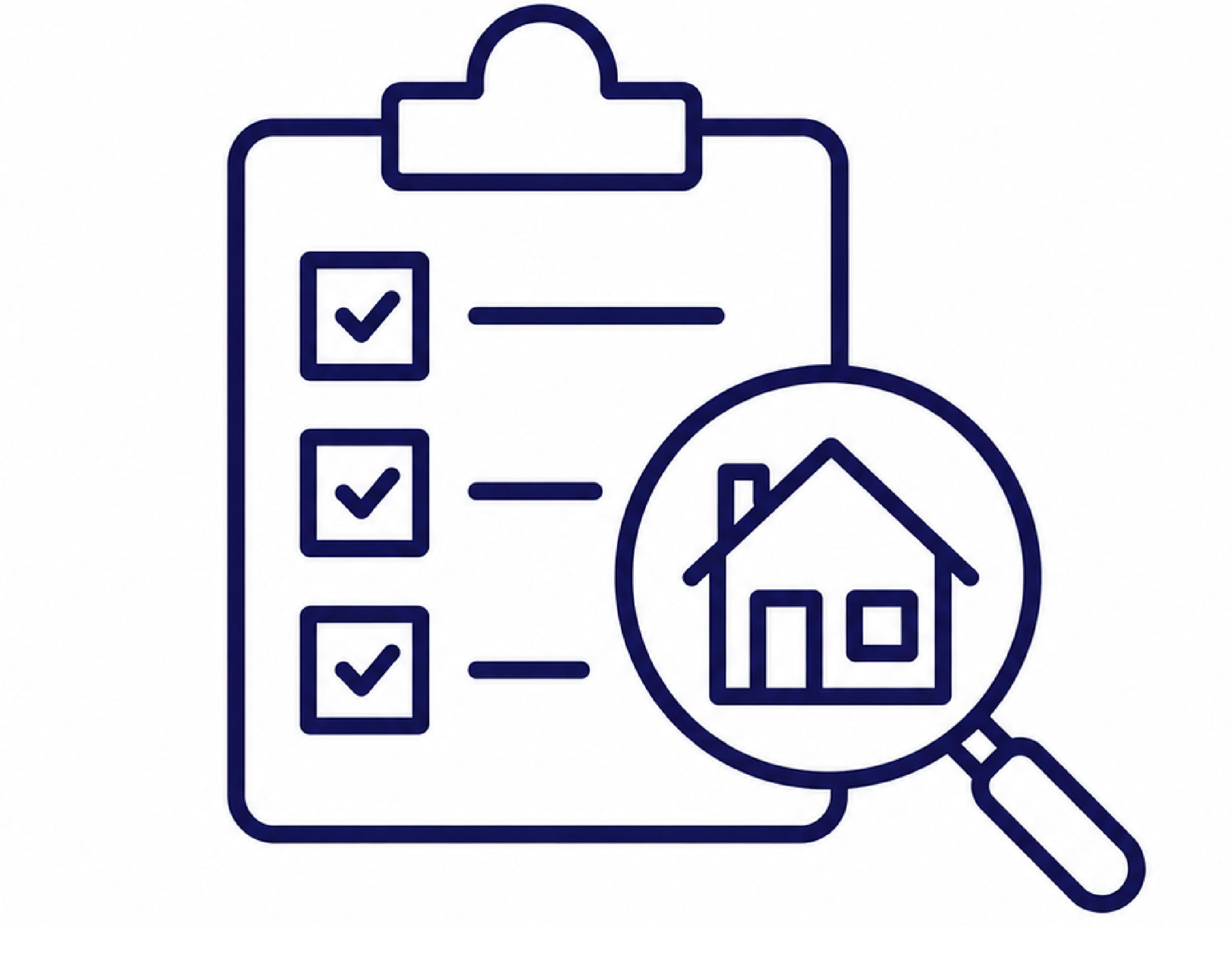 Outline of a clipboard with checkboxes and a pie chart with magnifying glass to the right.