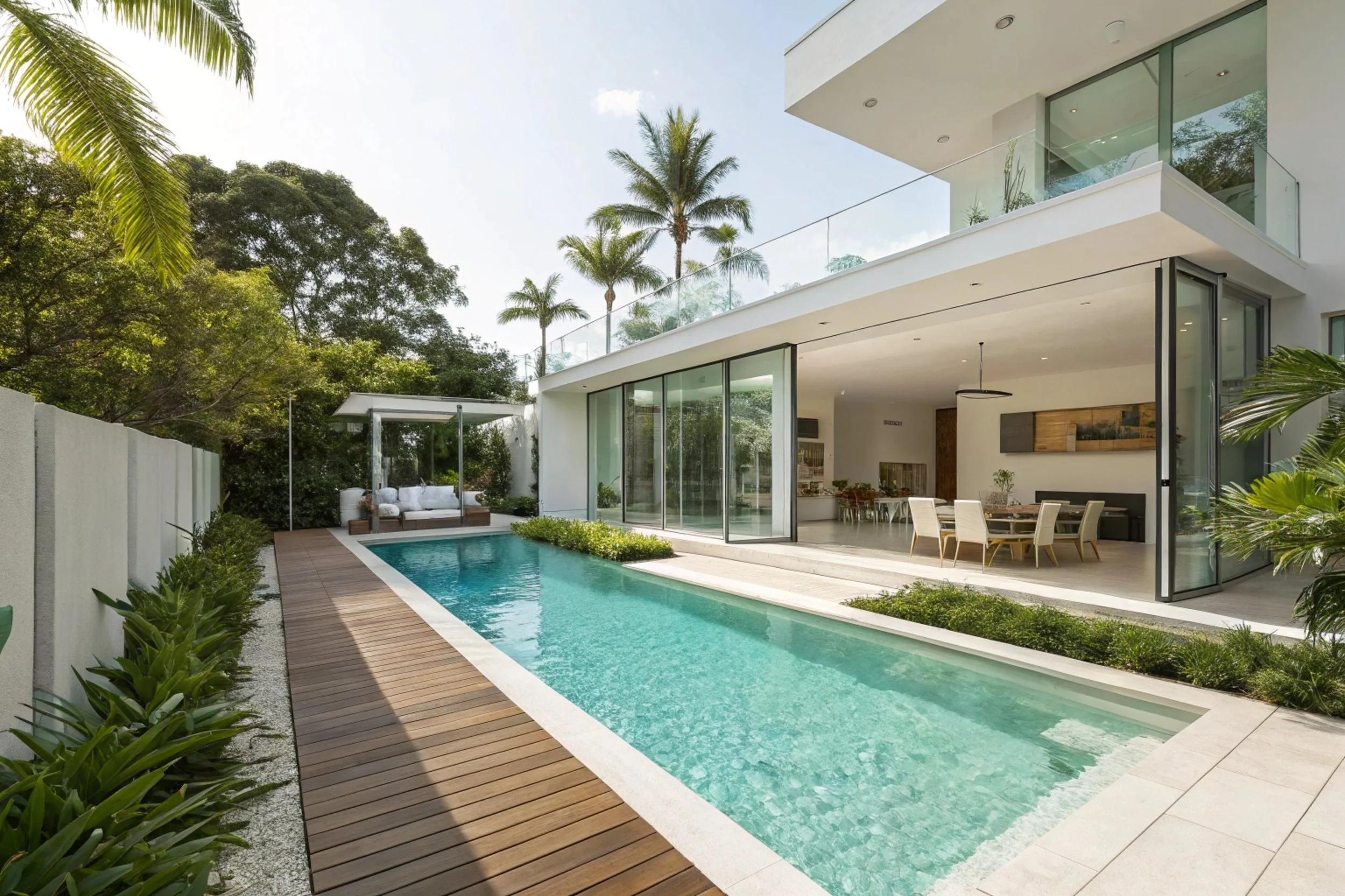 Modern house with large glass windows and a sliding door opening to a backyard with a pool, surrounded by lush greenery including palm trees.