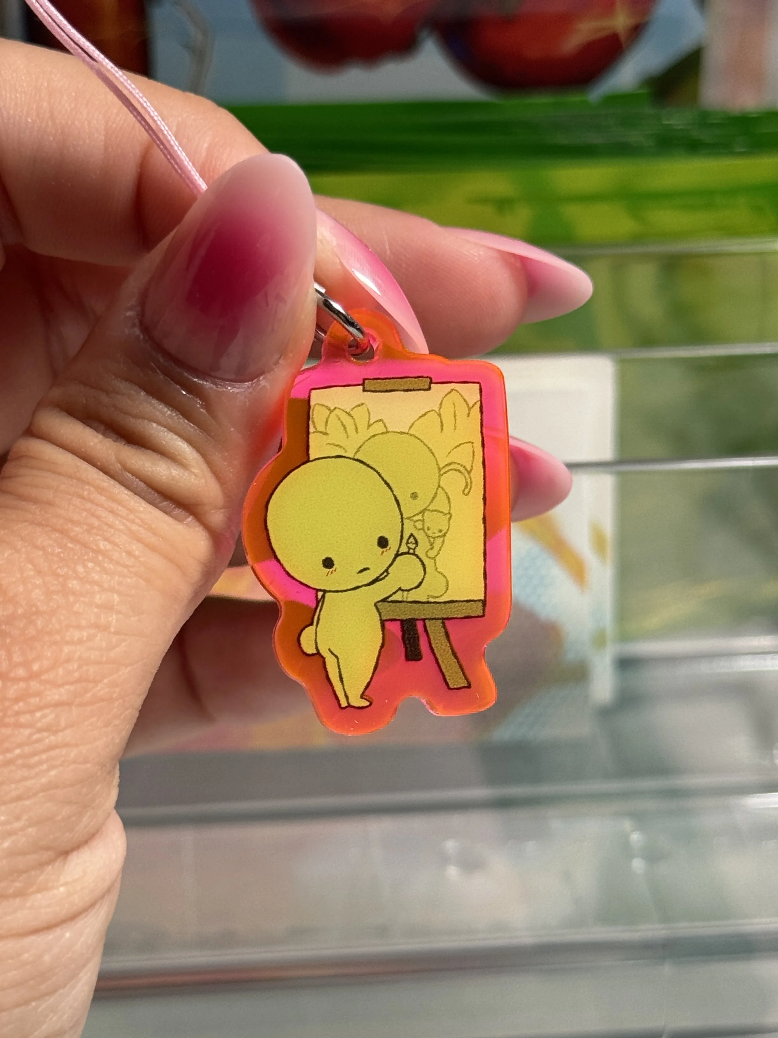 Painting Smiski pink acrylic phone charm!