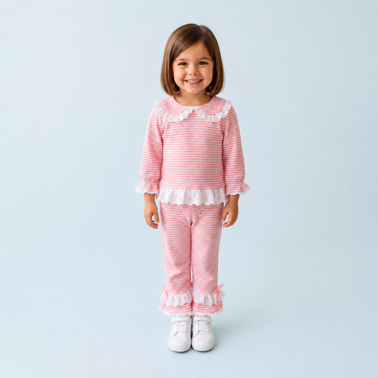 Pink and White Striped Waffle Knit Collar Flare Set