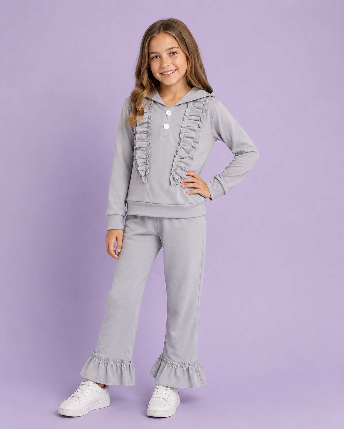 Solid Grey Ruffle Hooded Pant Set