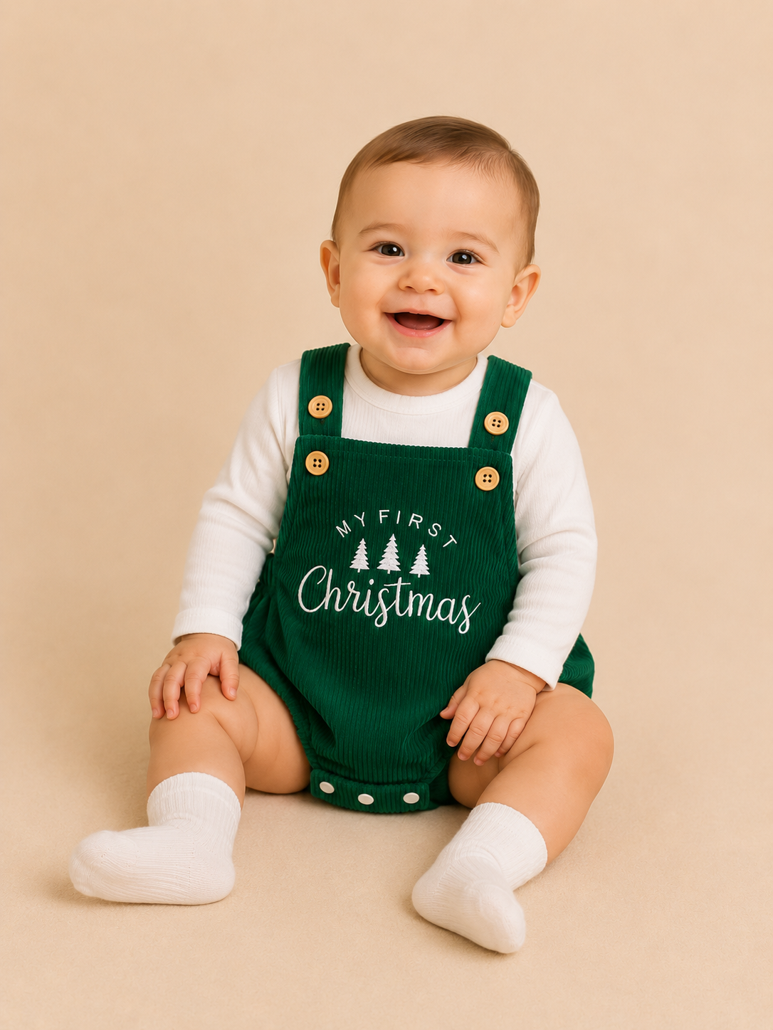 Green My First Christmas Corduroy Overall Romper