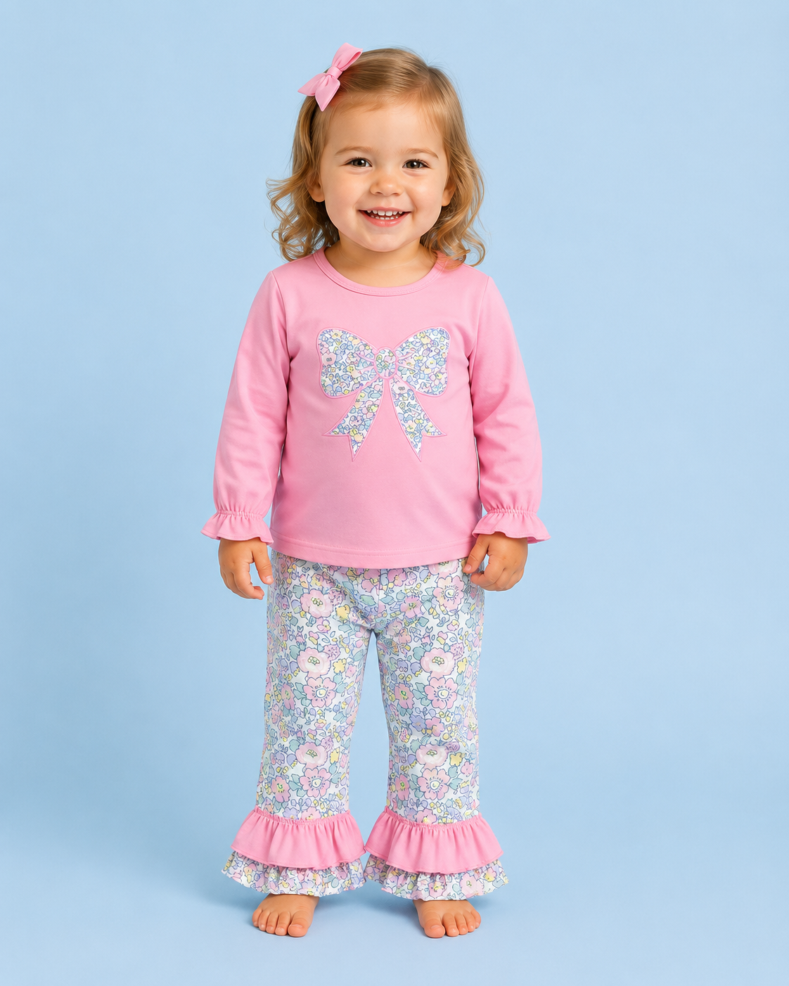 Pink Floral Bow Ruffle Pants Set
