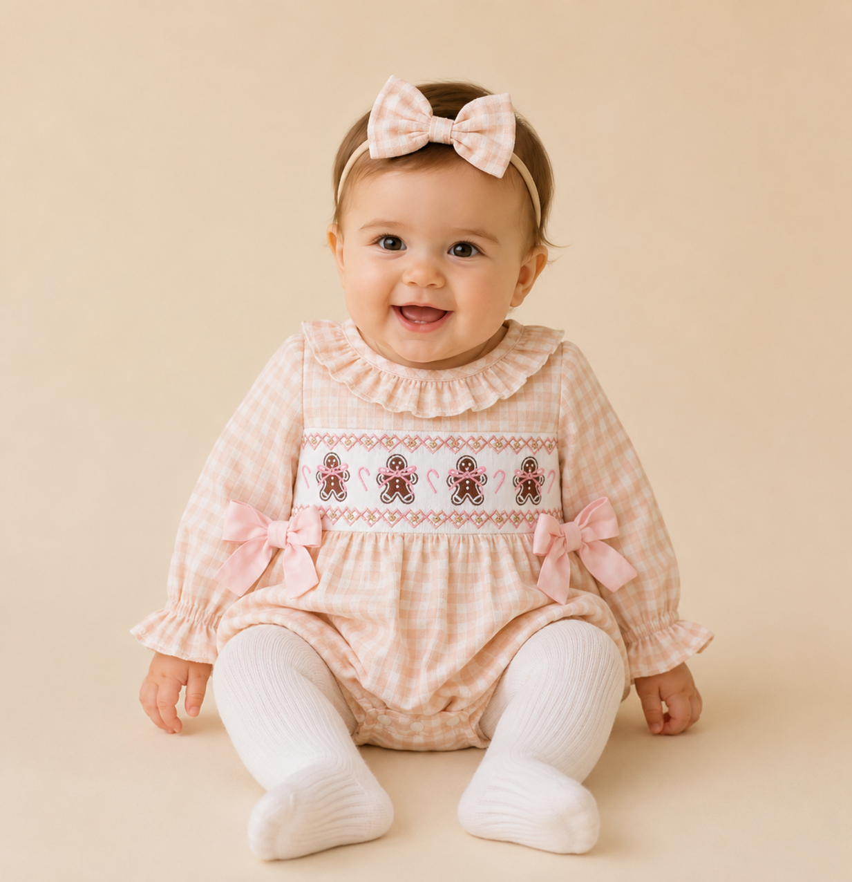 Light Pink Gingham Bow Embroidered Gingerbread Romper