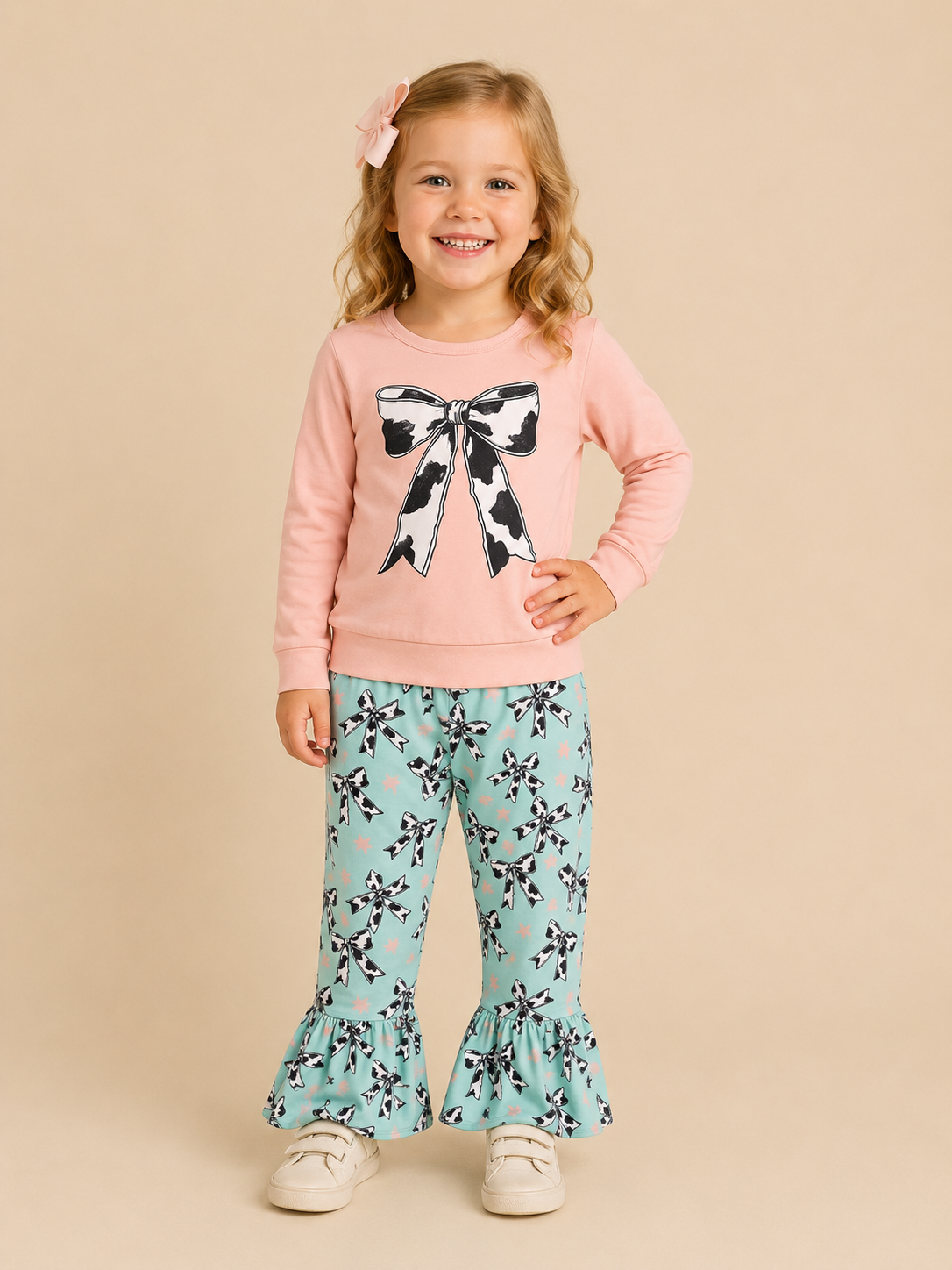 Pink Cowprint Bow Teal Bow Pant Set