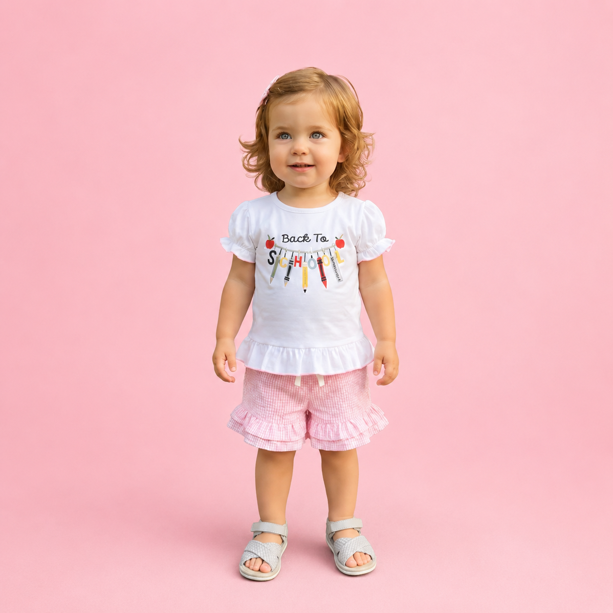 Bubble Sleeve Back to School Pink Seersucker Short Set