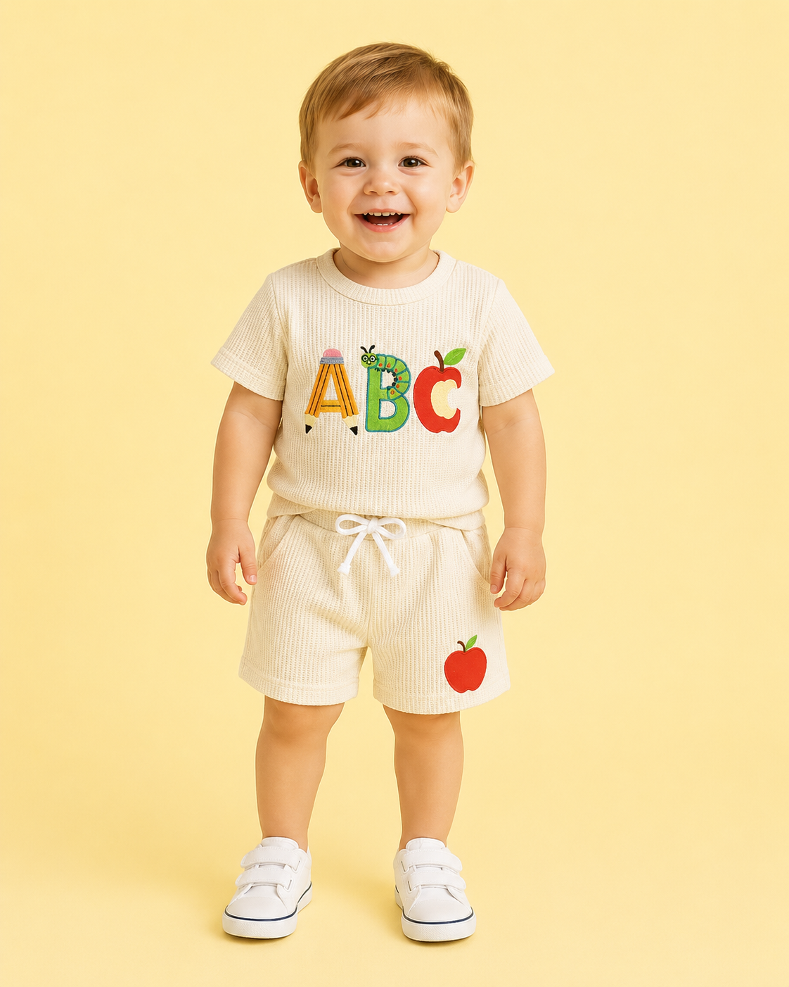 Beige Embroidered ABC Caterpillar Short Set