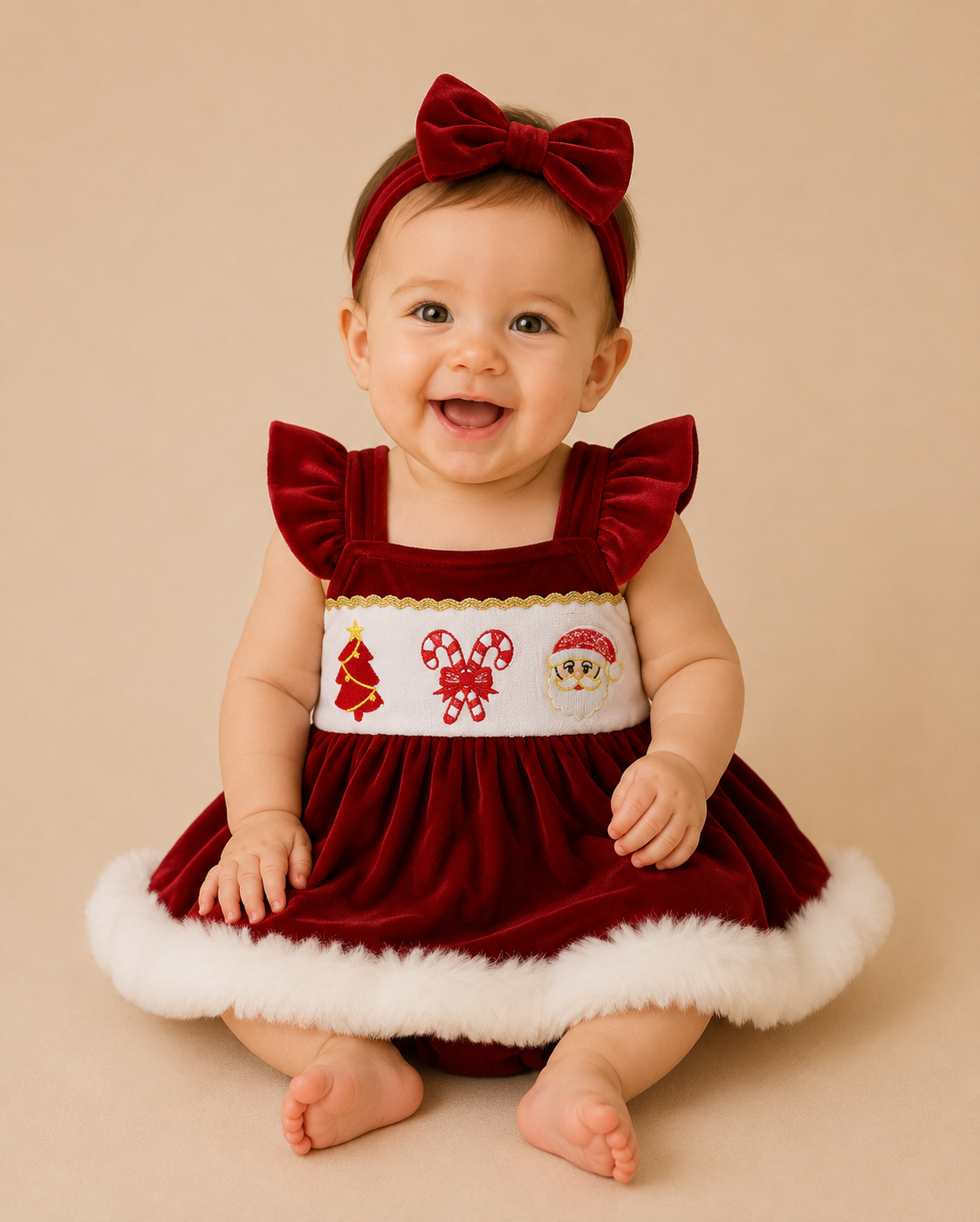 Red Velvet Embroidered Santa Skirted Romper