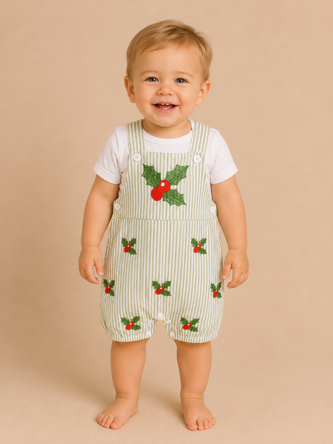 Green Striped Embroidered Holly Overall Romper
