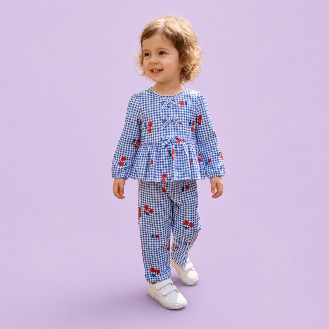 Blue Plaid Cherry Bow Pant Set
