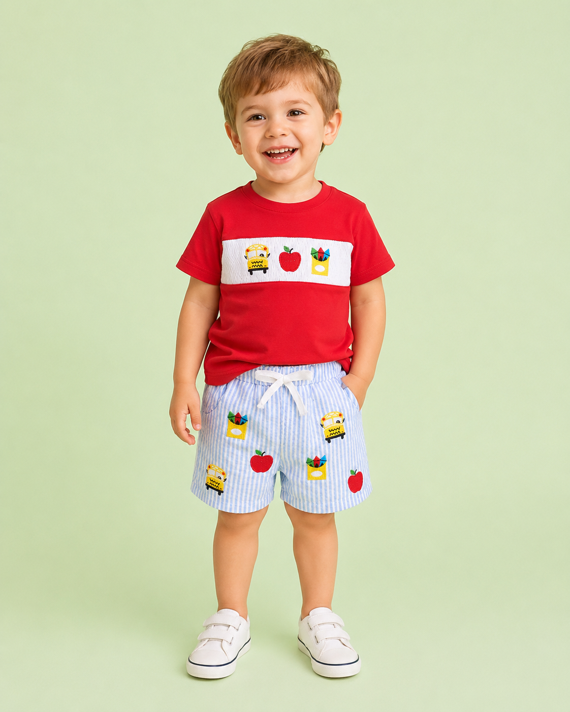 Red Embroidered School Bus Seersucker Short Set