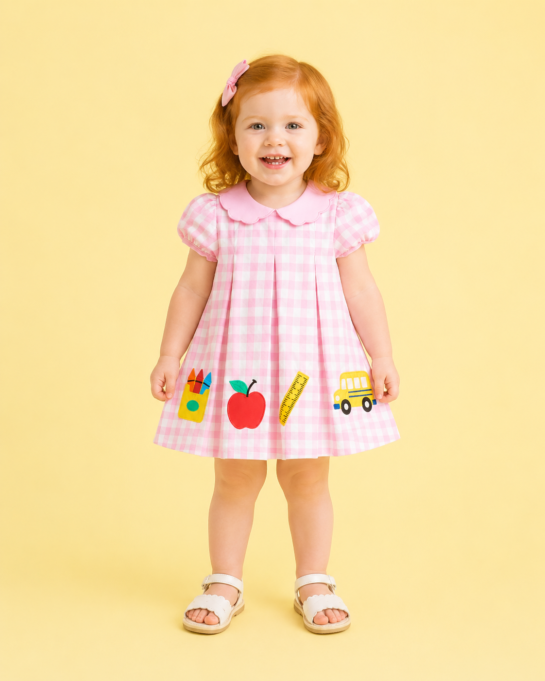 Pink Collared Gingham Embroidered Pencil Bus Dress