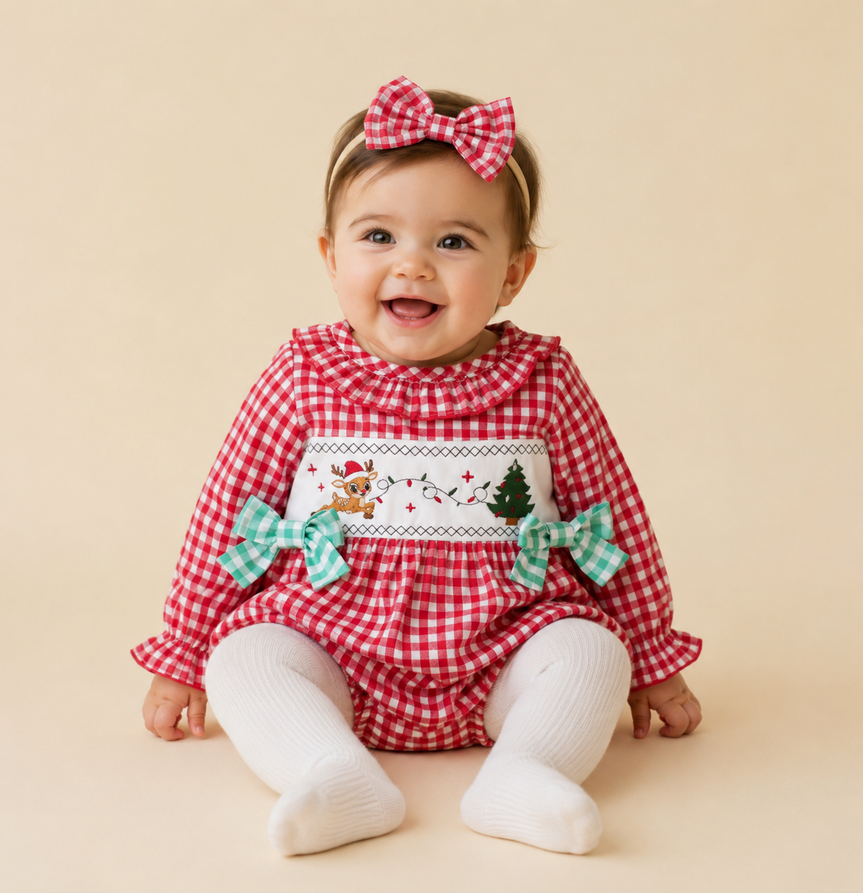 Red Gingham Green Bow Reindeer Embroidered Romper