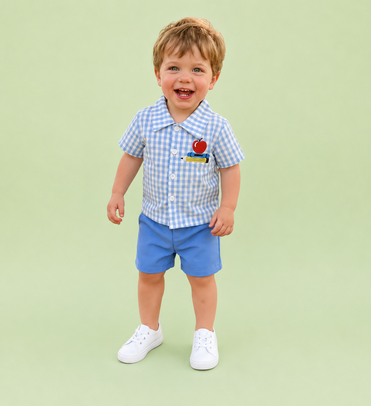 Blue Plaid Button Up Embroidered Apple Short Set